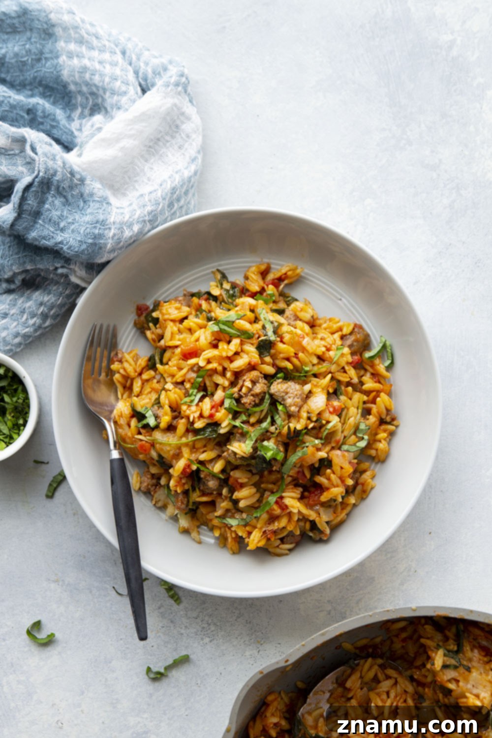 Made entirely in one pot, this Italian sausage orzo is packed full of tender orzo, flavorful sausage bits, and lots of gooey cheese. - on the table in 40 minutes and perfect for a weeknight!