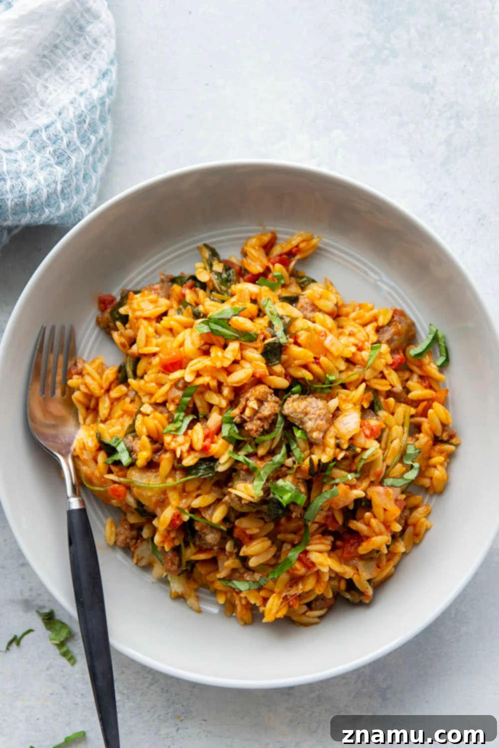 Made entirely in one pot, this Italian sausage orzo is packed full of tender orzo, flavorful sausage bits, and lots of gooey cheese. - on the table in 40 minutes and perfect for a weeknight!