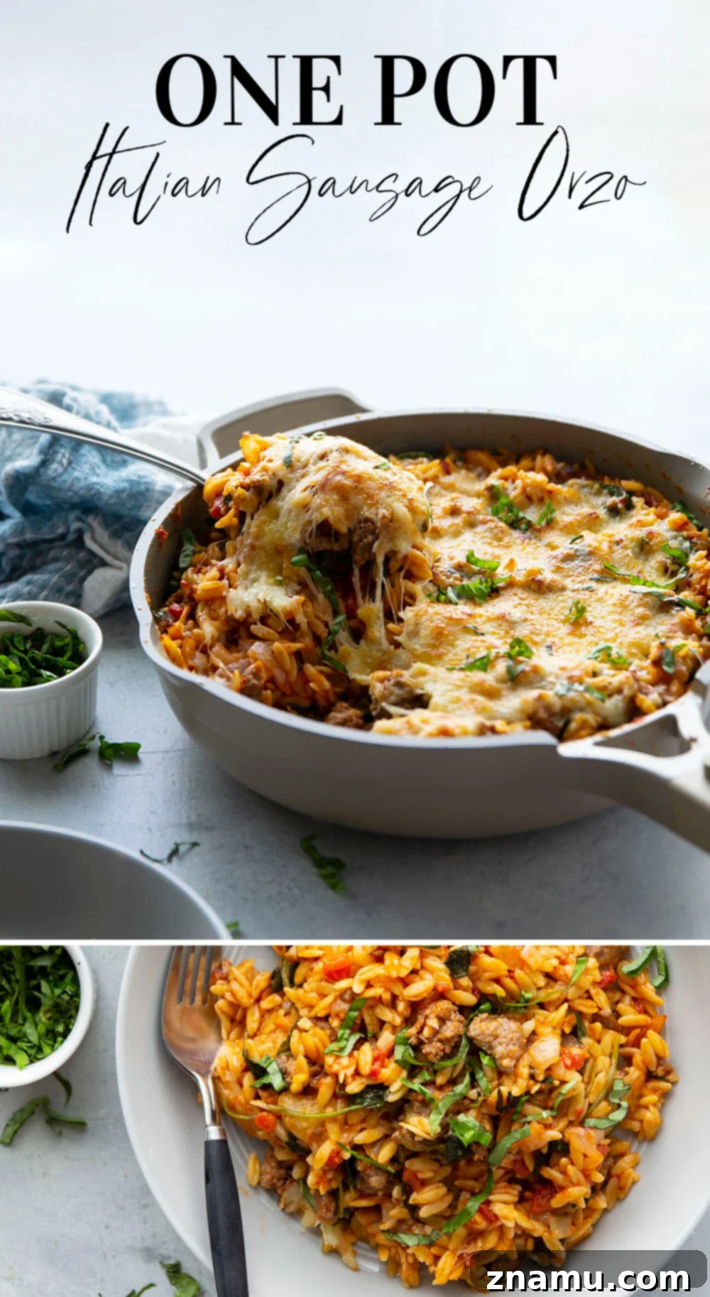 Made entirely in one pot, this Italian sausage orzo is packed full of tender orzo, flavorful sausage bits, and lots of gooey cheese. - on the table in 40 minutes and perfect for a weeknight!