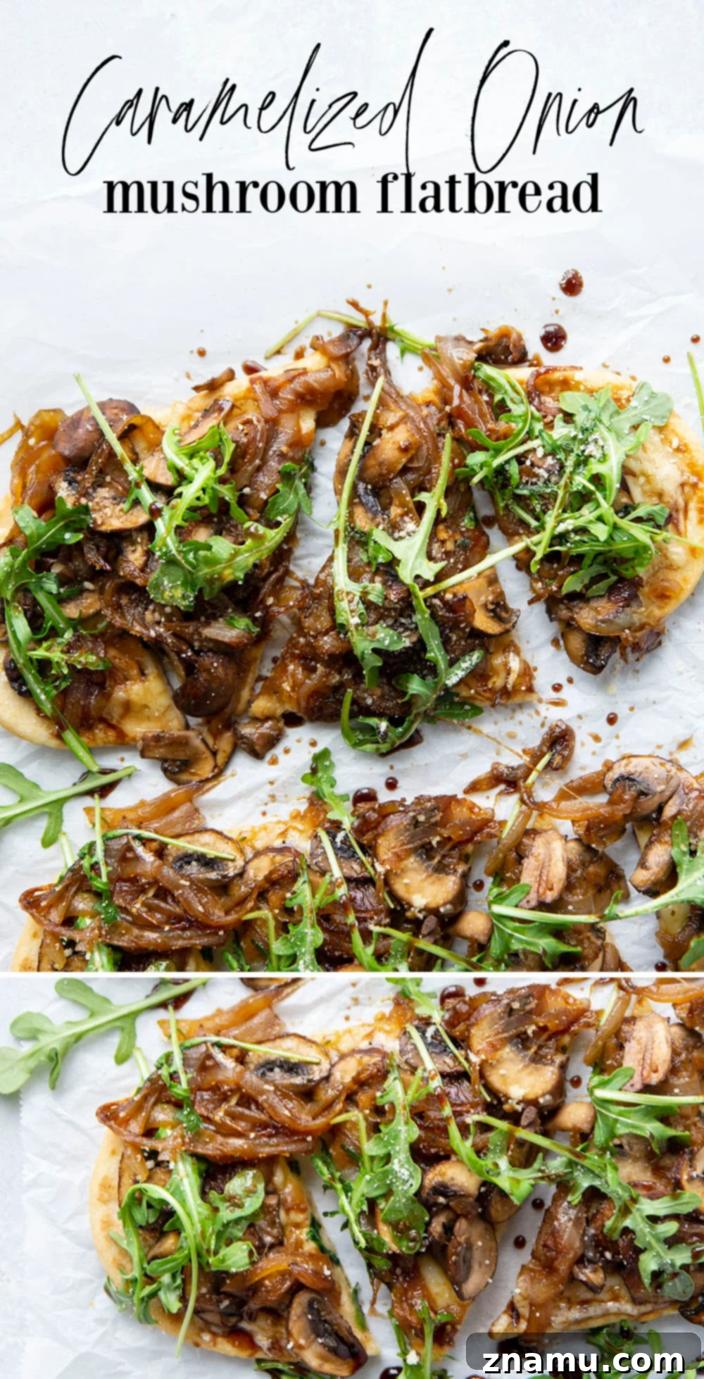 A top-down view of several Caramelized Onion Mushroom Flatbreads on a baking sheet, freshly baked and garnished, ready for serving.
