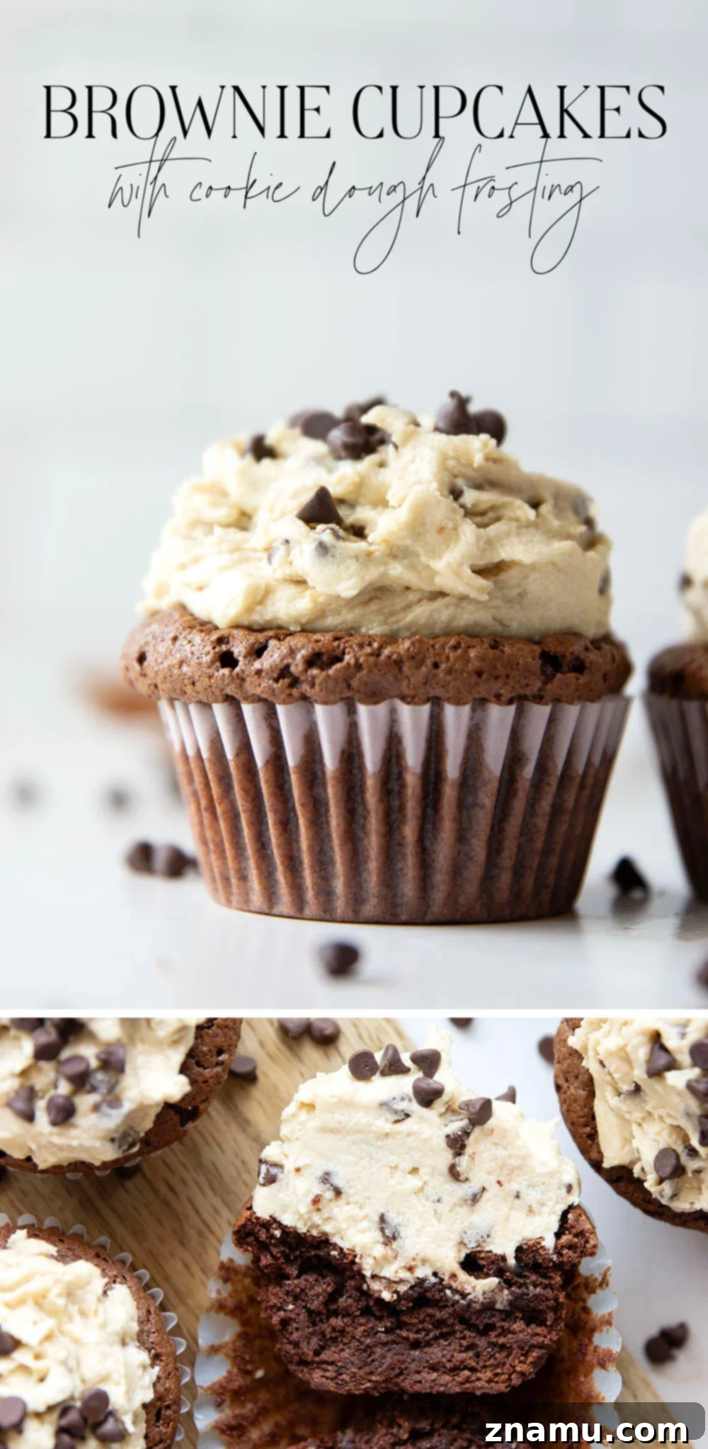 Ultimate Cookie Dough Brownie Cupcakes 7 A beautifully styled display of fudgy brownie cupcakes with luscious cookie dough frosting on a rustic background.