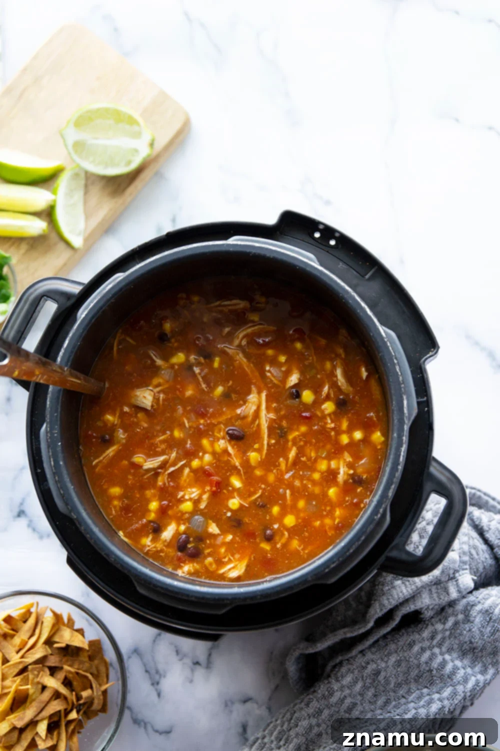 Easy Instant Pot Chicken Tortilla Soup 3 Close-up of shredded chicken and black beans submerged in the rich, spiced broth of homemade Instant Pot Chicken Tortilla Soup.