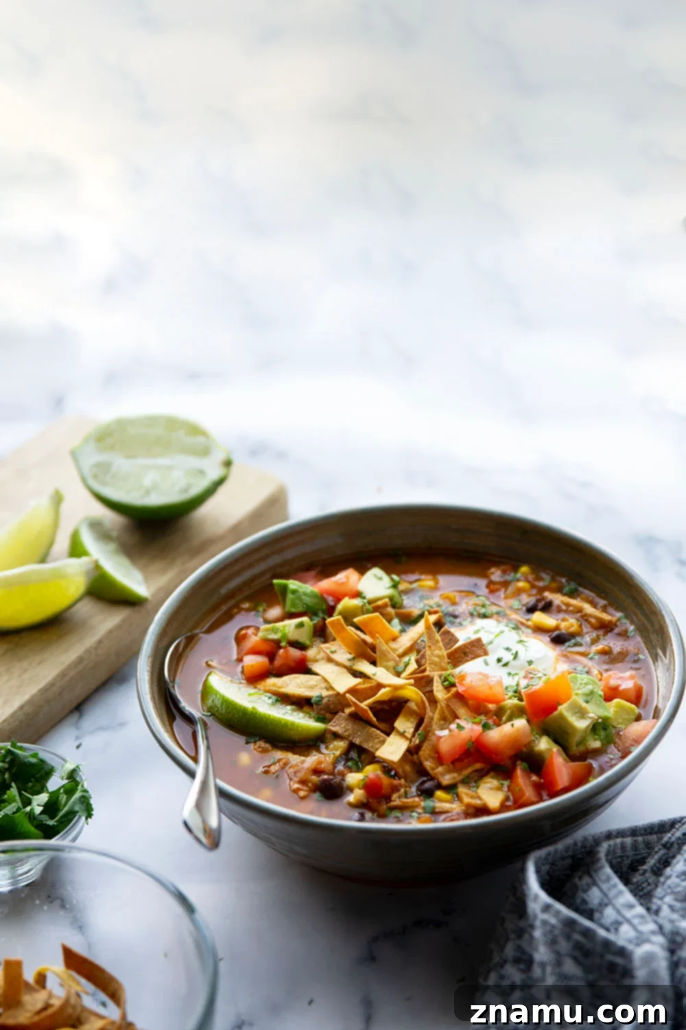 Easy Instant Pot Chicken Tortilla Soup 4 A top-down view of the Instant Pot Chicken Tortilla Soup ingredients pre-cooking, highlighting fresh vegetables and spices.
