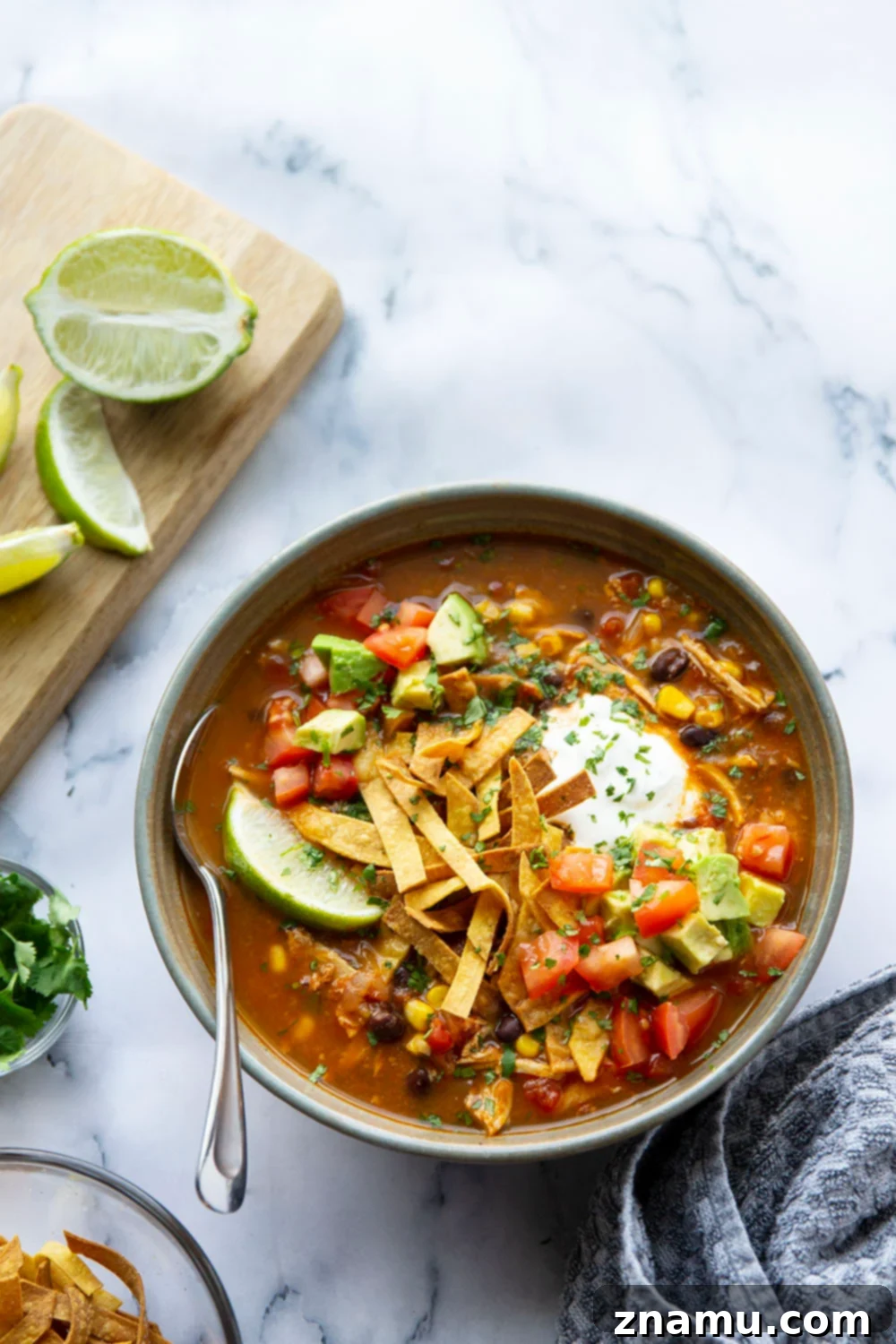 Easy Instant Pot Chicken Tortilla Soup 6 A large serving bowl filled with Instant Pot Chicken Tortilla Soup, ready to be topped with fresh garnishes.