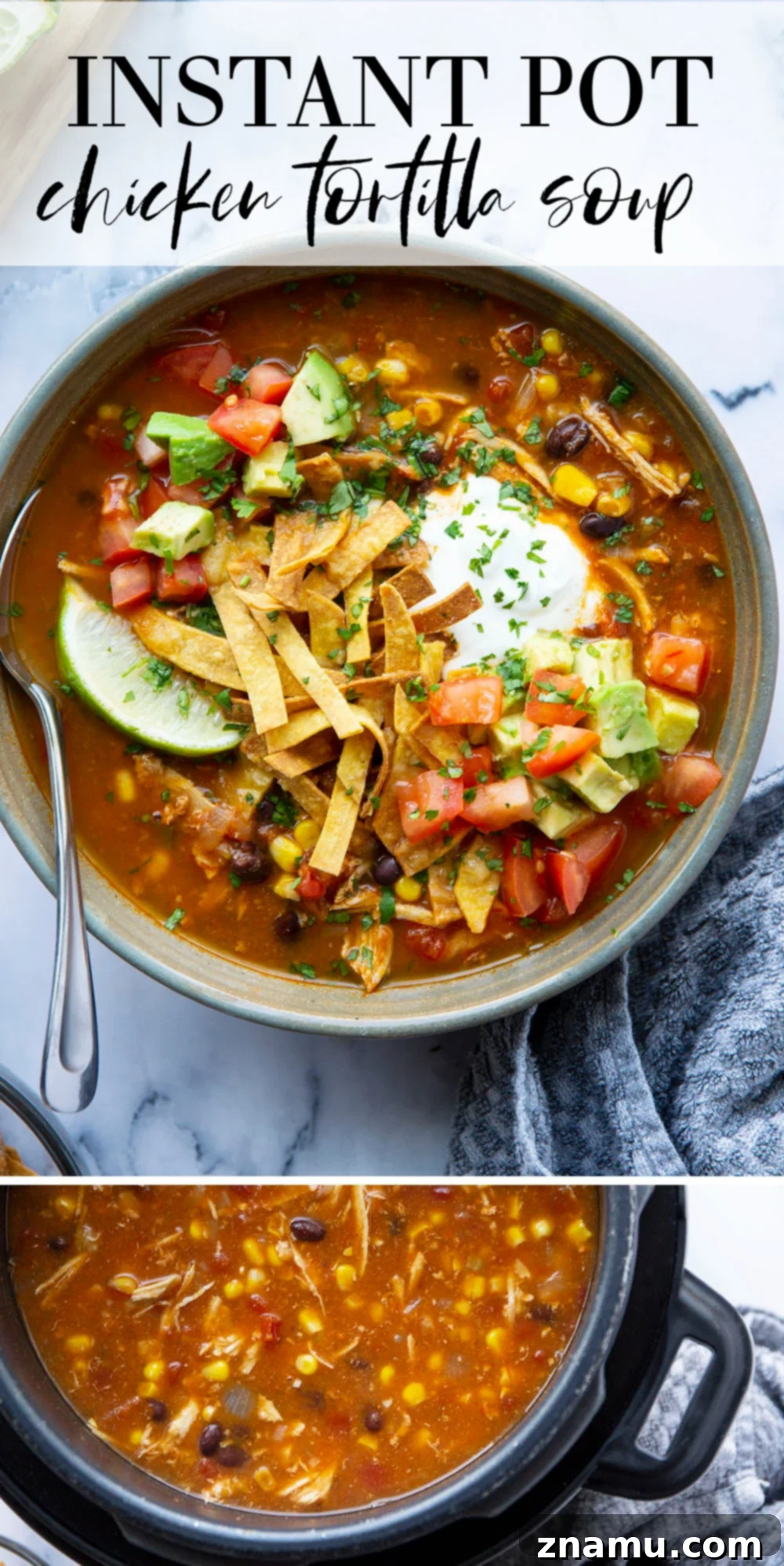 Easy Instant Pot Chicken Tortilla Soup 7 An appetizing close-up of a finished bowl of Instant Pot Chicken Tortilla Soup, garnished with a full array of fresh toppings.