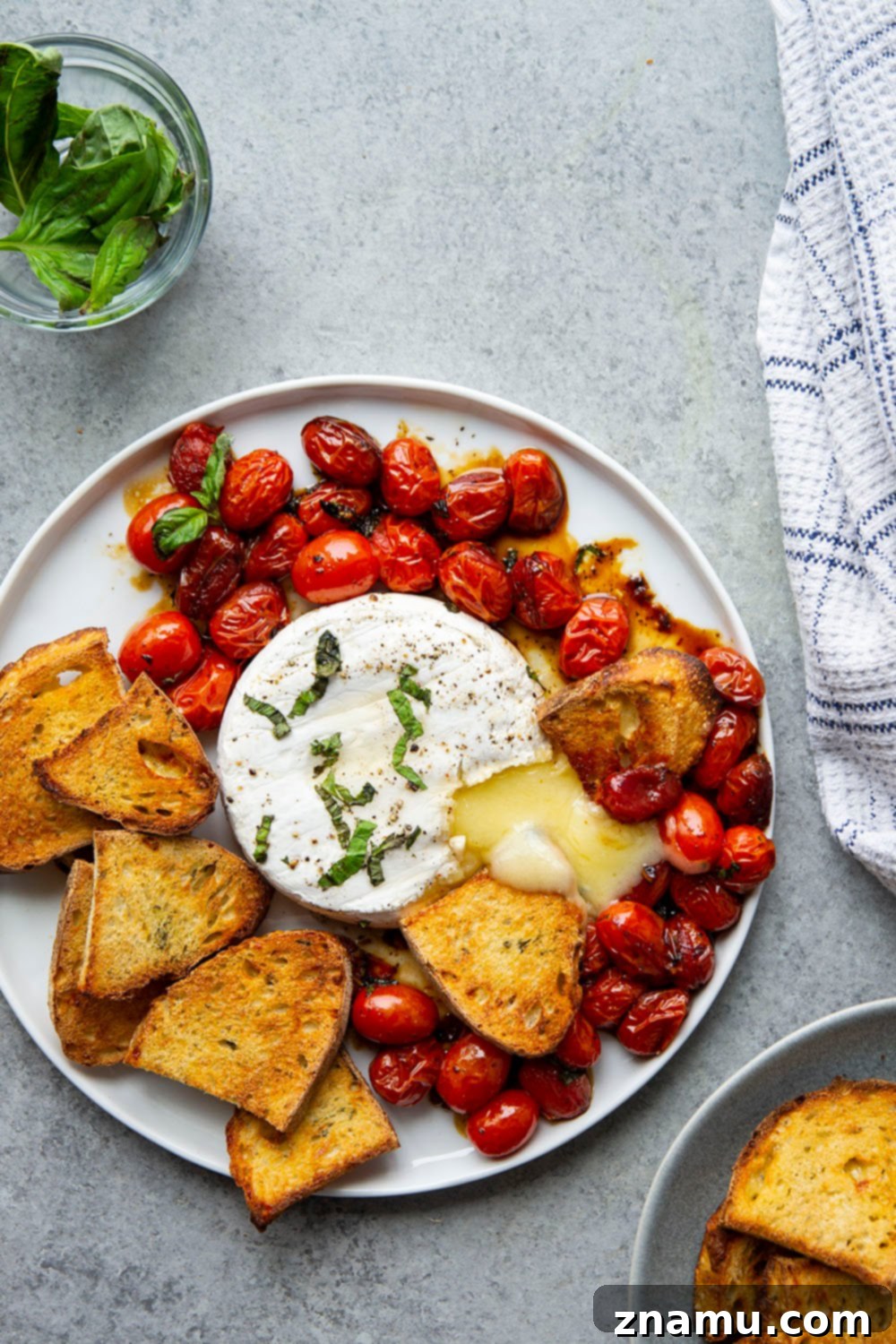 Baked Brie with Roasted Cherry Tomatoes and Fresh Herbs 5 Ingredients for baked brie with cherry tomatoes laid out on a table.