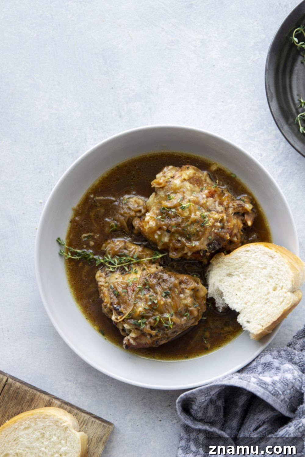 Serving French onion chicken thighs with mashed potatoes