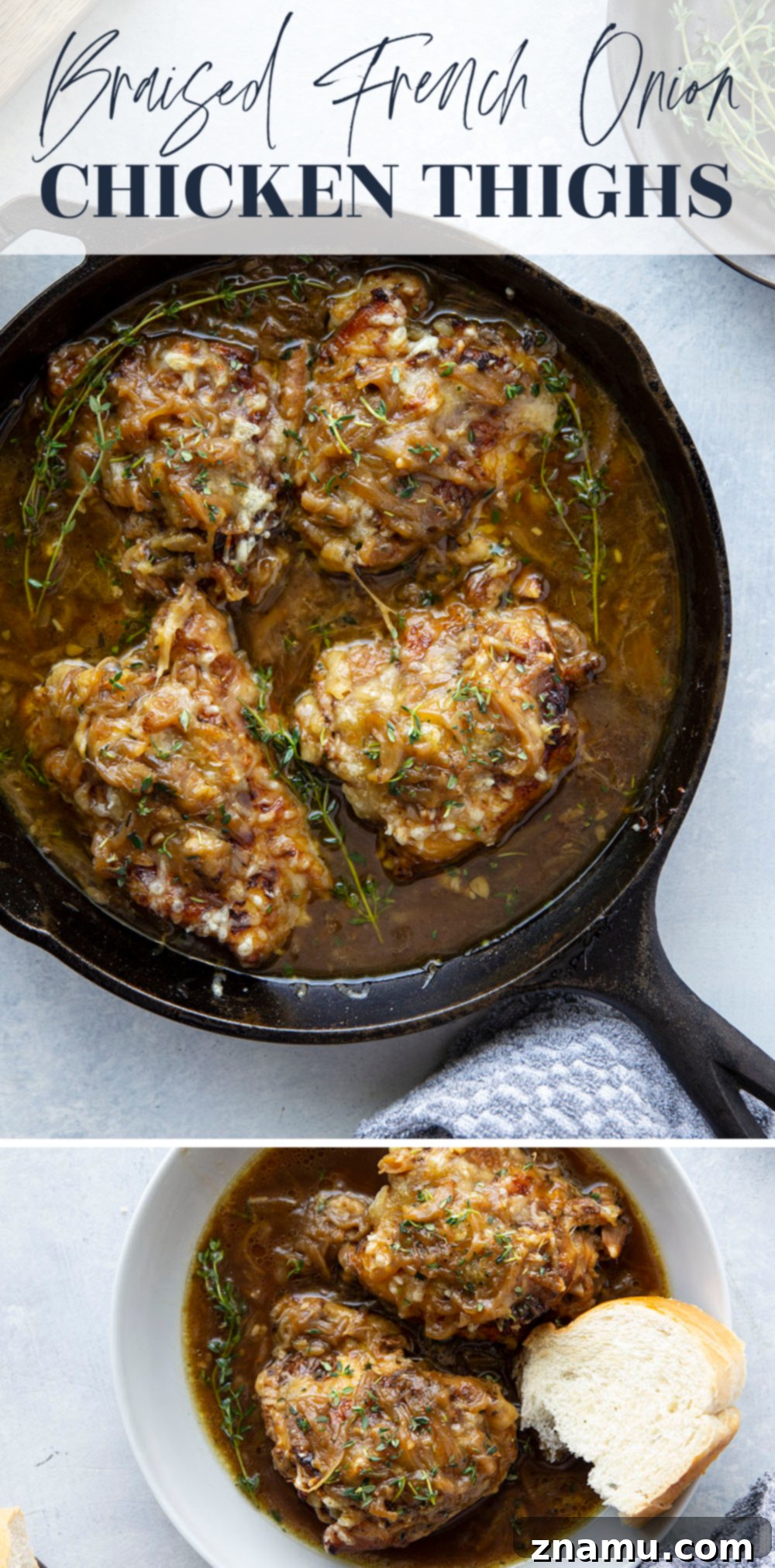 Close up of French onion chicken thighs topped with herbs