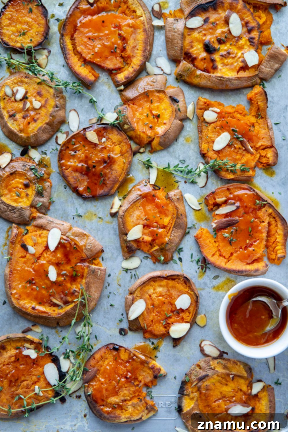 Crispy Smashed Sweet Potatoes with Hot Honey 2 Perfectly crispy smashed sweet potatoes are drizzled with a flavorful hot honey butter sauce and the easiest weeknight side dish that goes with anything!
