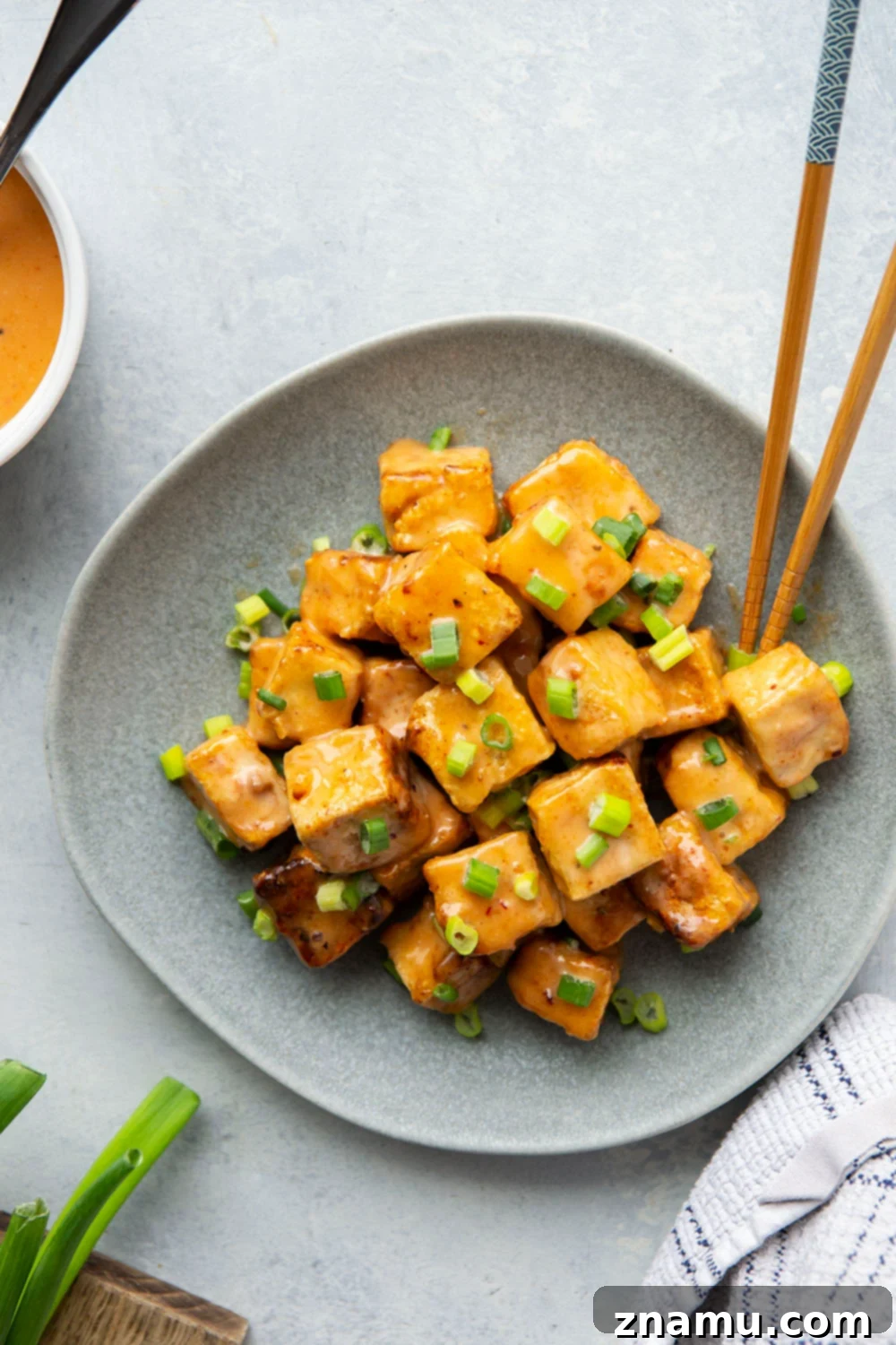 Crispy Air Fryer Bang Bang Tofu 4 Freshly cooked Air Fryer Bang Bang Tofu garnished with sliced green onions