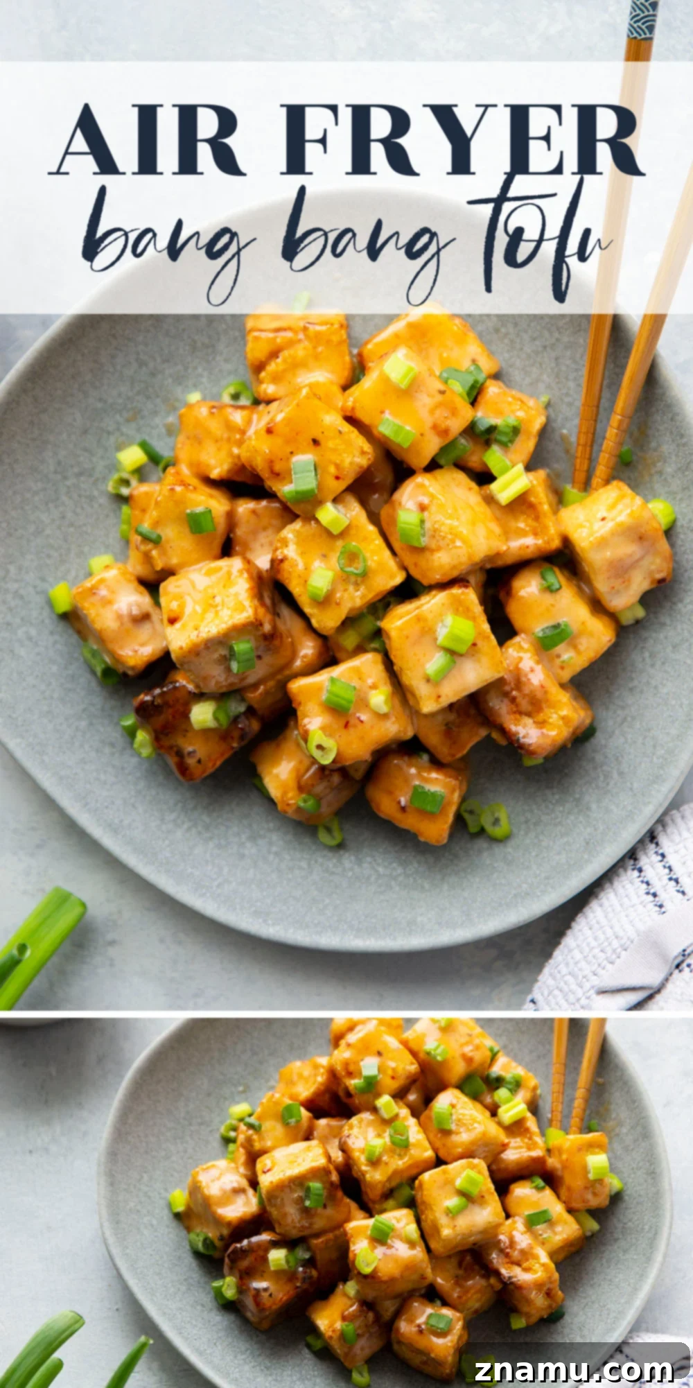 Crispy Air Fryer Bang Bang Tofu 7 Overhead shot of Air Fryer Bang Bang Tofu with a generous drizzle of sauce and fresh greens