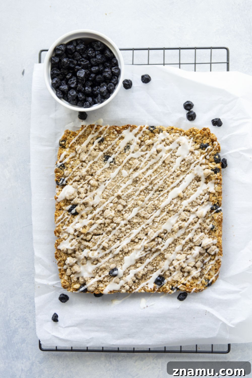 Blueberry Muffin Crunch Bars 5 Ingredients for blueberry muffin granola bars laid out on a kitchen counter