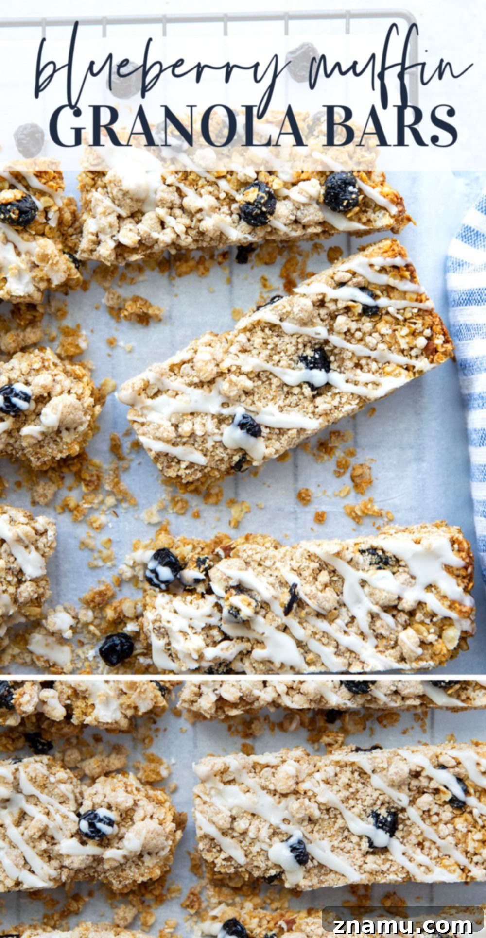 Blueberry Muffin Crunch Bars 7 Full spread of blueberry muffin granola bars on a cutting board, ready to be enjoyed
