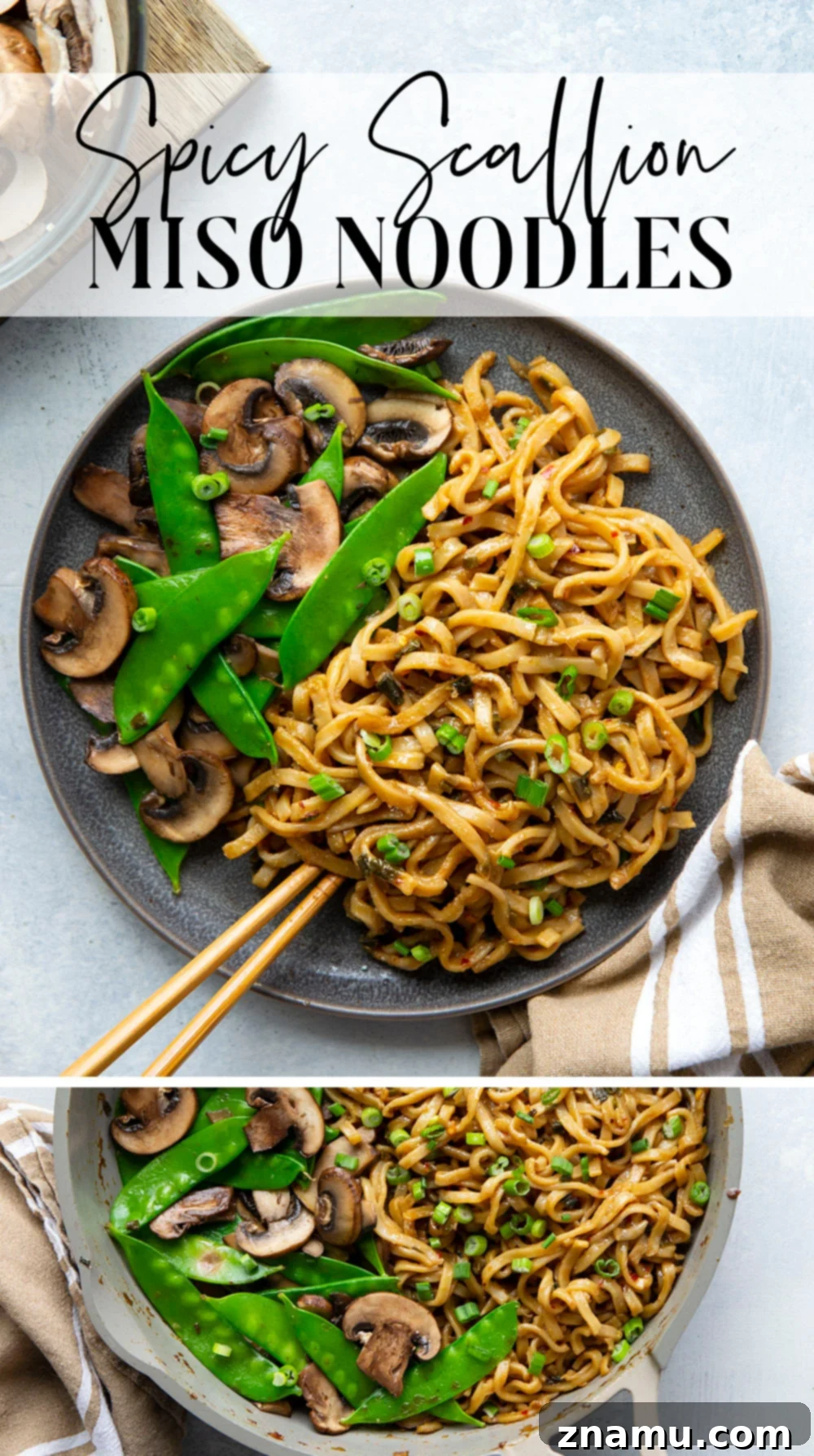 Fiery Miso Scallion Noodles 7 Another perspective of the spicy scallion miso noodles, highlighting the thick udon noodles coated in sauce with green and white scallions.