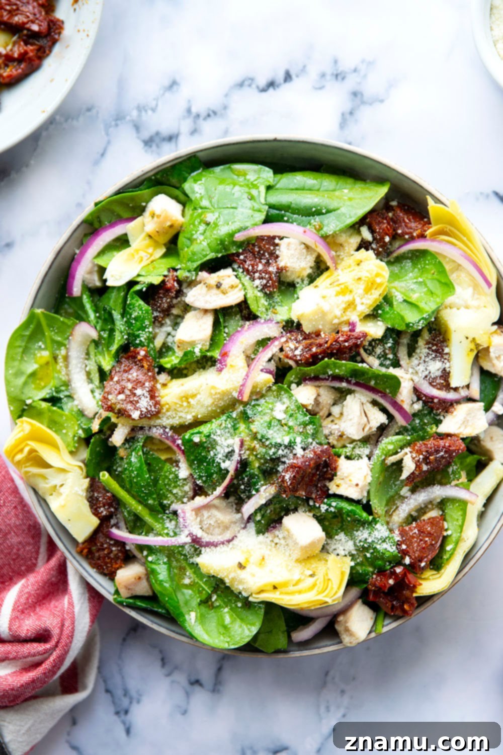 Sun-Kissed Tuscan Chicken & Spinach Salad 3 Close-up of fresh ingredients in Sun-Dried Tomato Spinach Chicken Salad
