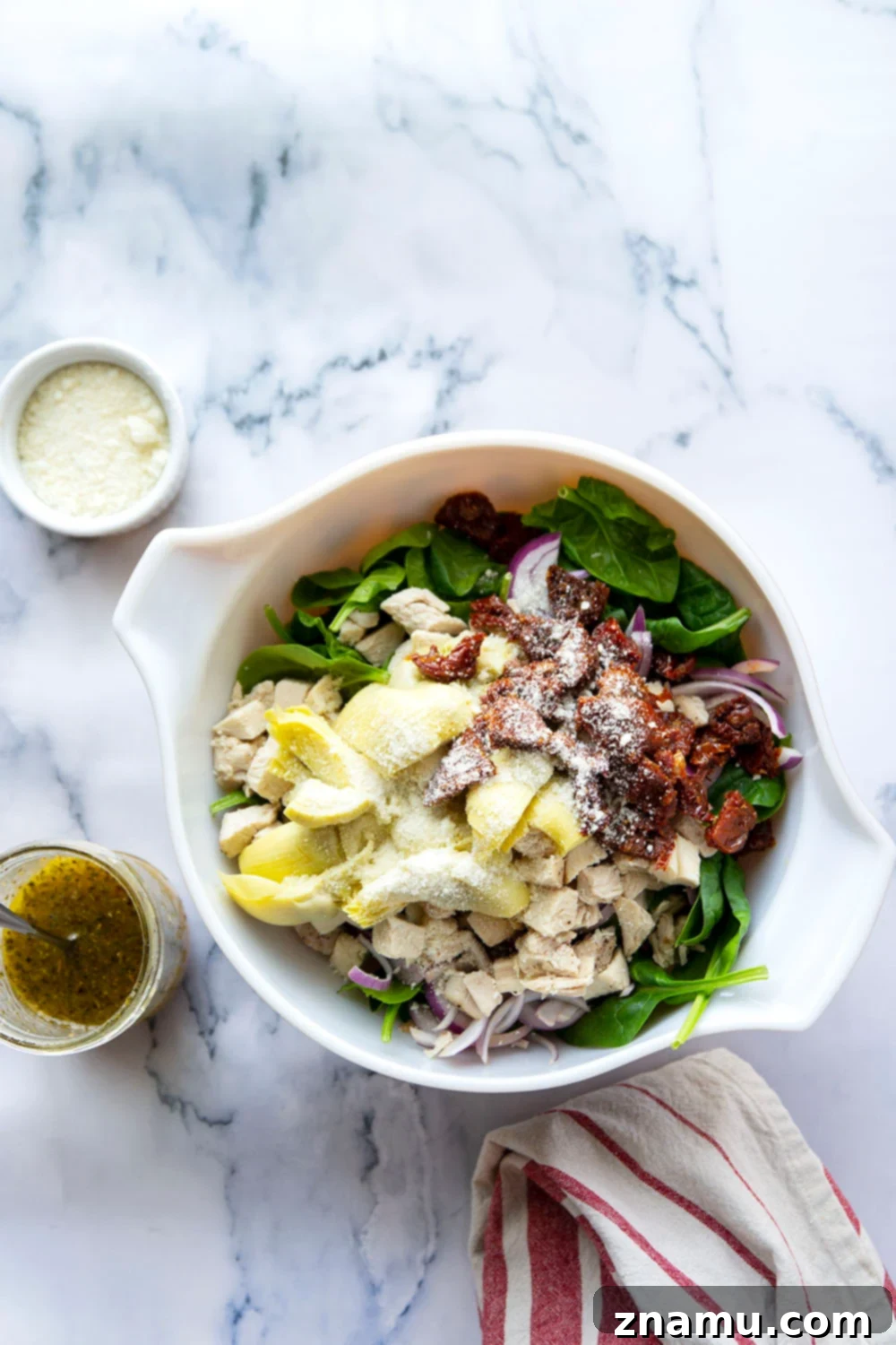 Sun-Kissed Tuscan Chicken & Spinach Salad 4 Ingredients for homemade Italian vinaigrette dressing