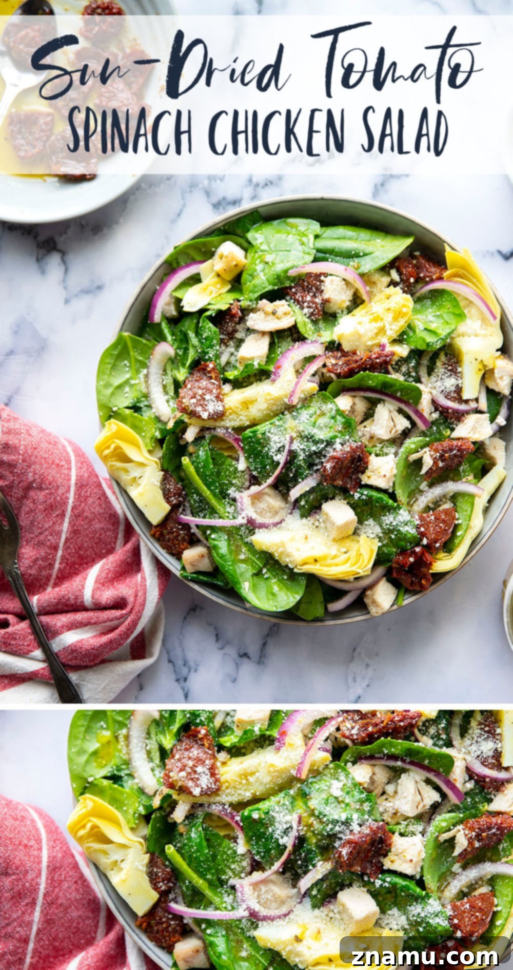 Sun-Kissed Tuscan Chicken & Spinach Salad 7 Overhead view of a large bowl of Sun-Dried Tomato Spinach Chicken Salad