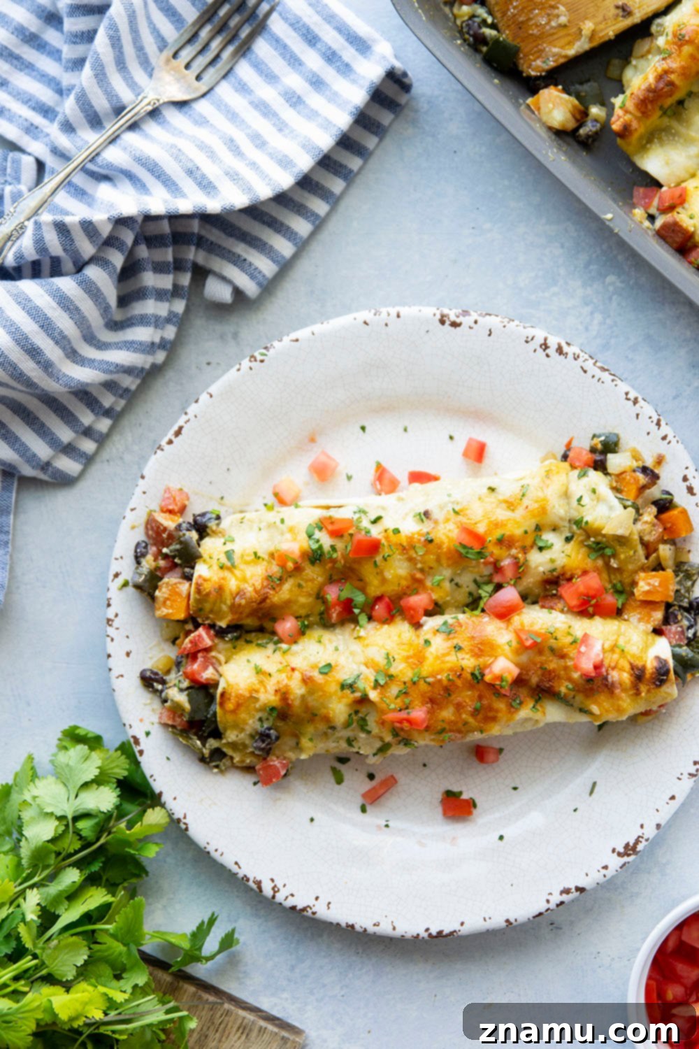 Savory Breakfast Enchiladas with Poblano Sweet Potato and Black Beans 4 These sweet potato black bean breakfast enchiladas are packed with all the savory breakfast works and smothered in a perfectly creamy green enchilada sauce. - the best hearty breakfast!