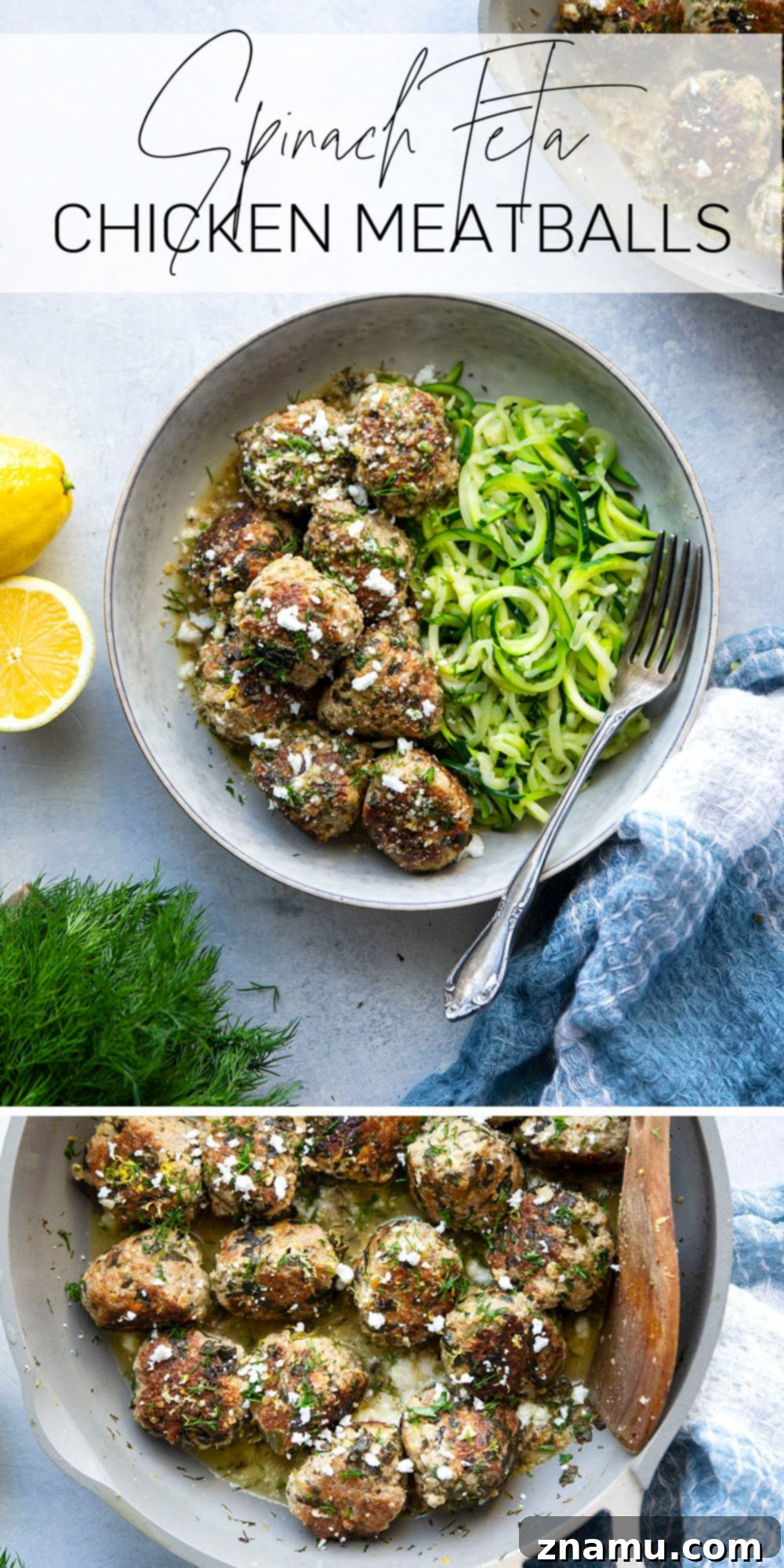Zesty Lemon Dill Chicken Meatballs with Spinach and Feta 7 Overhead shot of a platter of spinach feta chicken meatballs with lemon dill sauce, garnished.