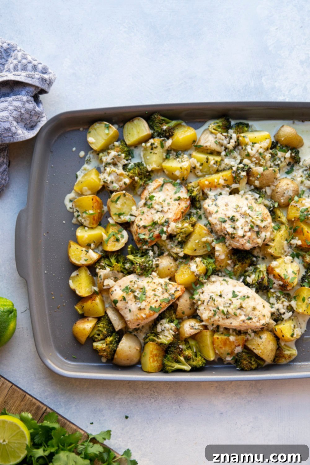 Flavorful Cilantro Lime Chicken & Roasted Veggies 3 Close-up of Creamy Cilantro Lime Chicken with golden brown chicken and tender vegetables.