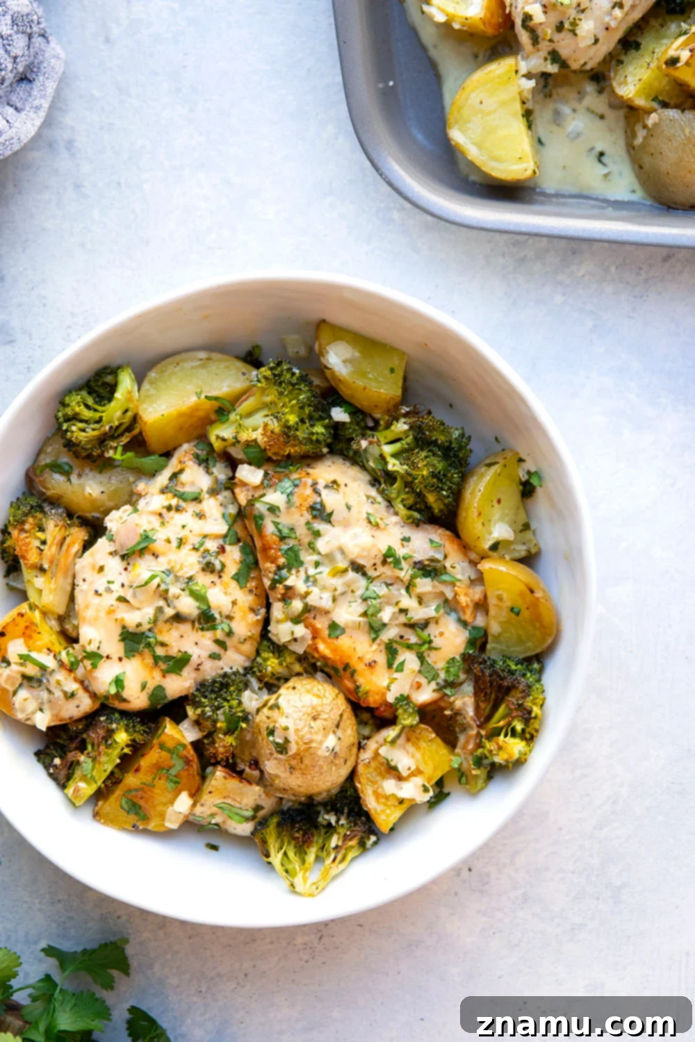 Flavorful Cilantro Lime Chicken & Roasted Veggies 4 Close-up of creamy cilantro lime sauce drizzled over chicken and vegetables.