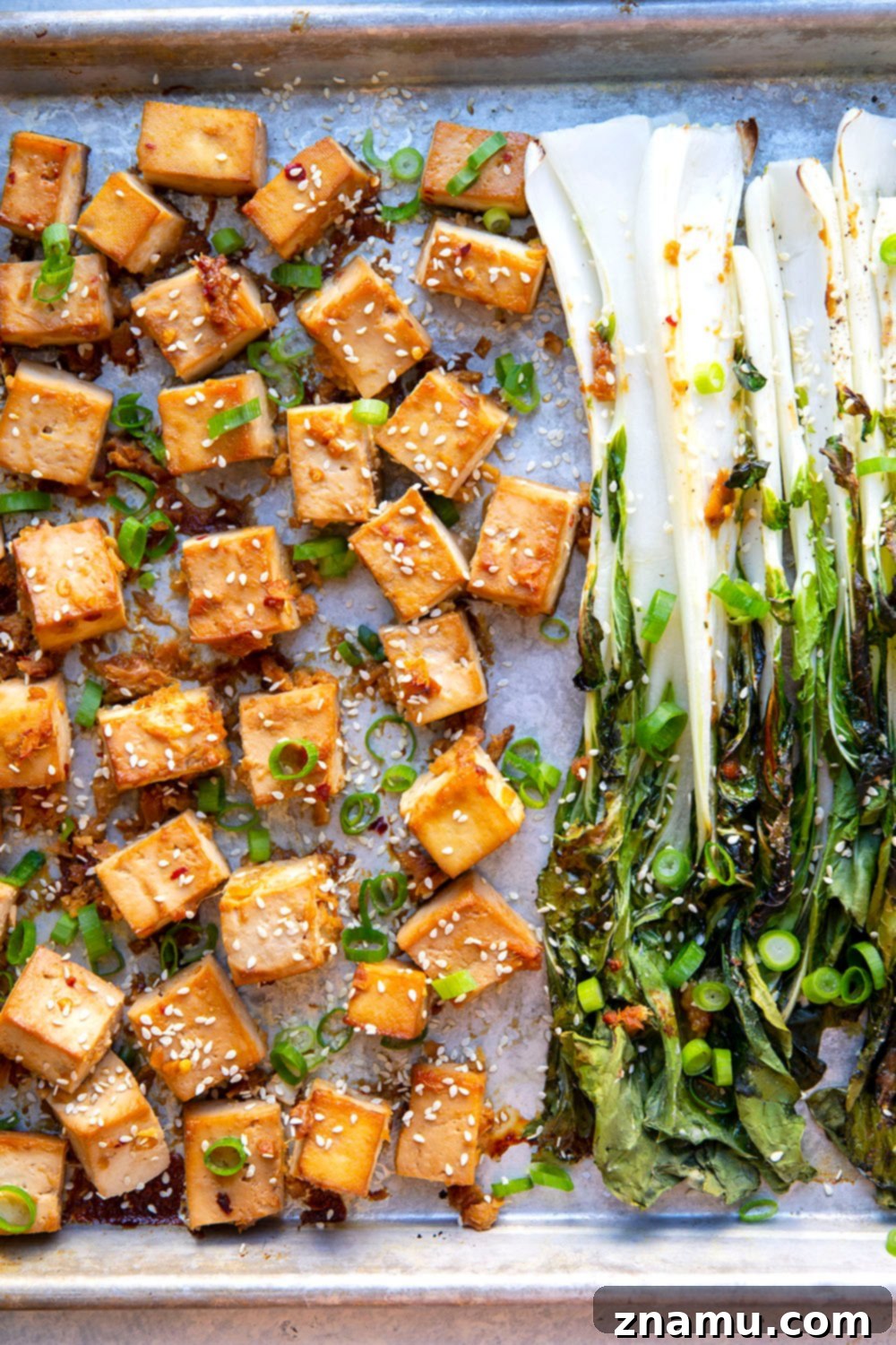 Savory Miso Tofu with Crisp Bok Choy 5 This miso baked tofu features tofu cubes marinated in a flavorful miso sauce and roasted alongside tender bok choy on one sheet pan. Serve this tofu and bok choy over hot rice with lots of sesame seeds and scallions!