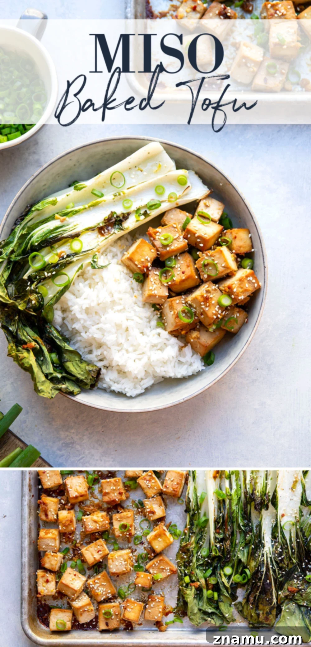 Savory Miso Tofu with Crisp Bok Choy 7 This miso baked tofu features tofu cubes marinated in a flavorful miso sauce and roasted alongside tender bok choy on one sheet pan. Serve this tofu and bok choy over hot rice with lots of sesame seeds and scallions!