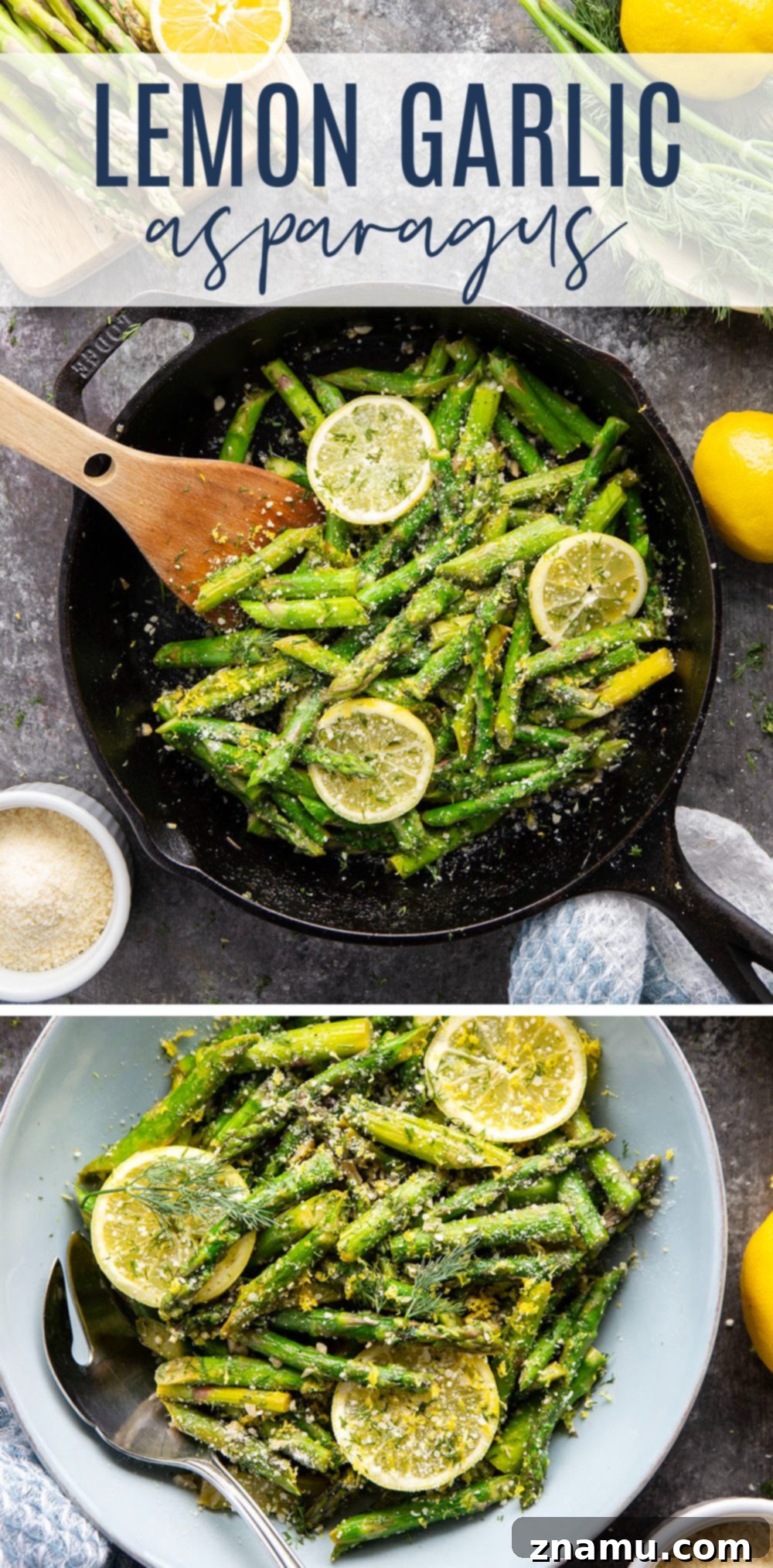 Bright Lemon Garlic Asparagus 8 Close-up of a skillet filled with freshly sautéed lemon garlic asparagus, garnished with fresh dill.