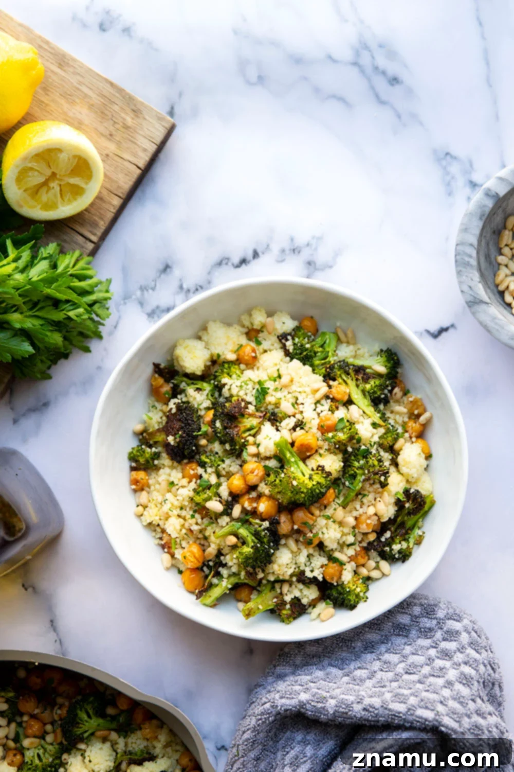 Zesty Lemon Couscous with Roasted Broccoli and Chickpeas 4 A serving of Lemon Couscous with roasted broccoli and chickpeas, showcasing the fresh ingredients and vibrant colors.