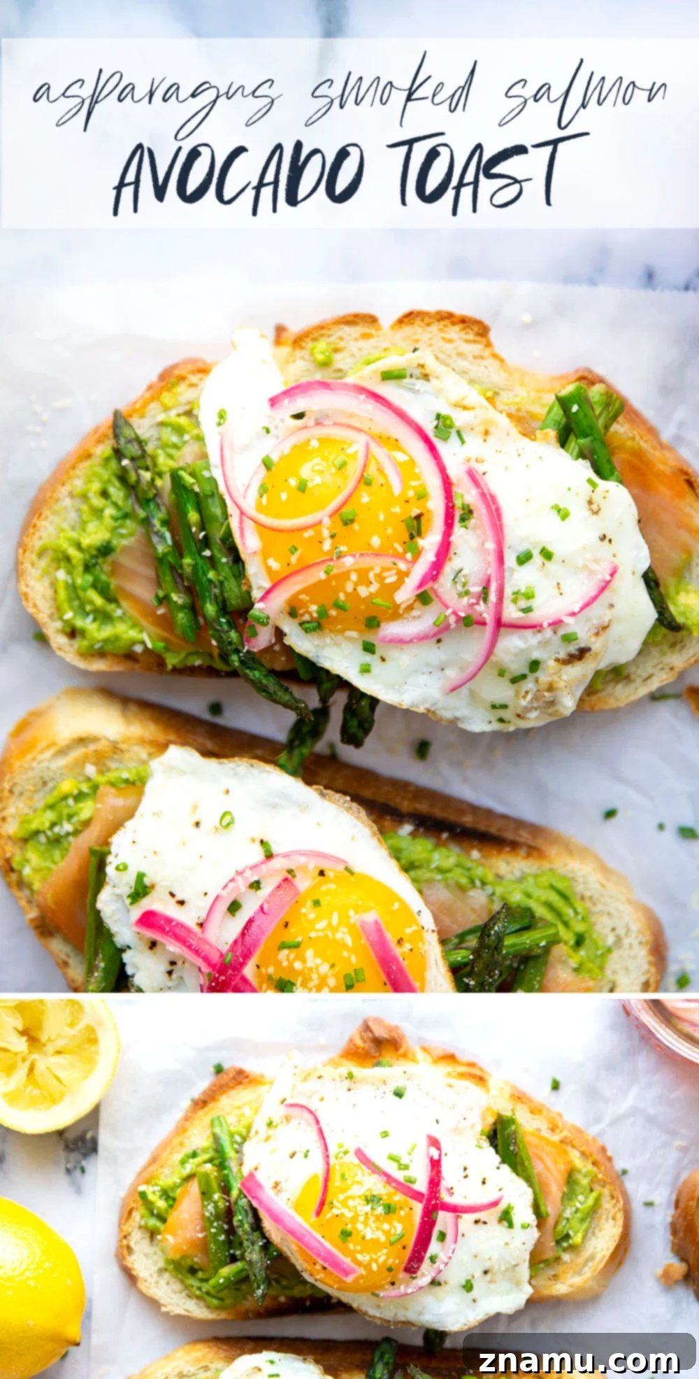 Elevated Smoked Salmon, Asparagus & Avocado Toast 7 Flavorful smoked salmon, creamy avocado, and tender asparagus join forces in this smoked salmon avocado toast that's both impressive and quick to make!