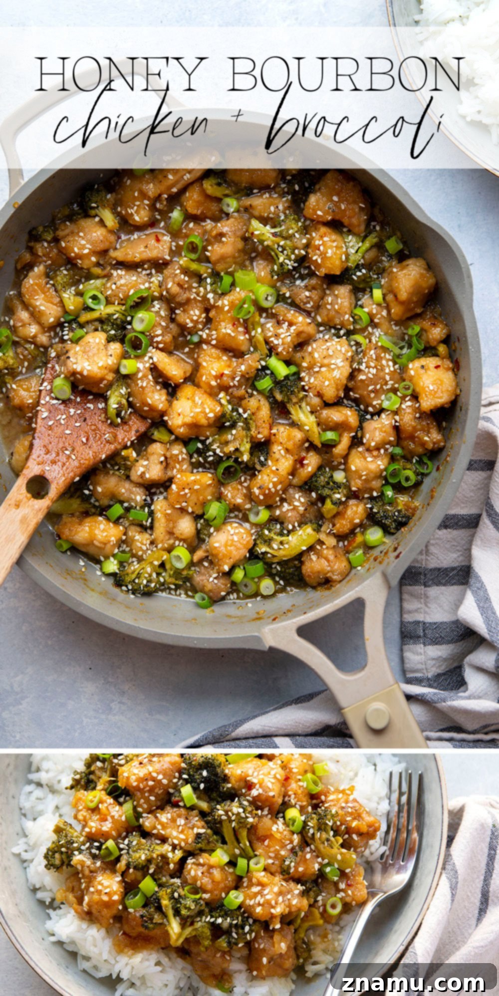 Sticky Honey Bourbon Chicken and Broccoli 7 An overhead shot of a large skillet filled with Honey Bourbon Chicken and Broccoli, beautifully garnished.