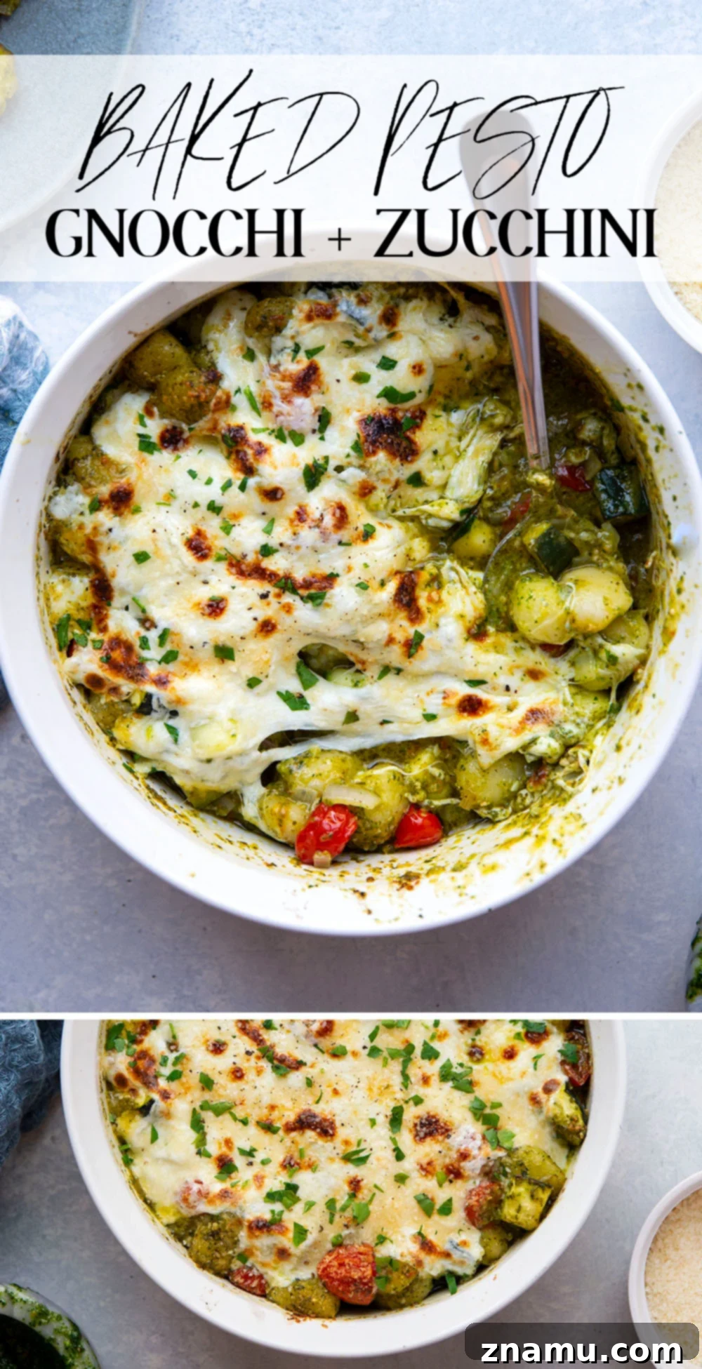 Baked with two kinds of cheese on top with lots of tender zucchini and cherry tomatoes, this cheesy baked pesto gnocchi uses basic pantry ingredients and is ready in under an hour!