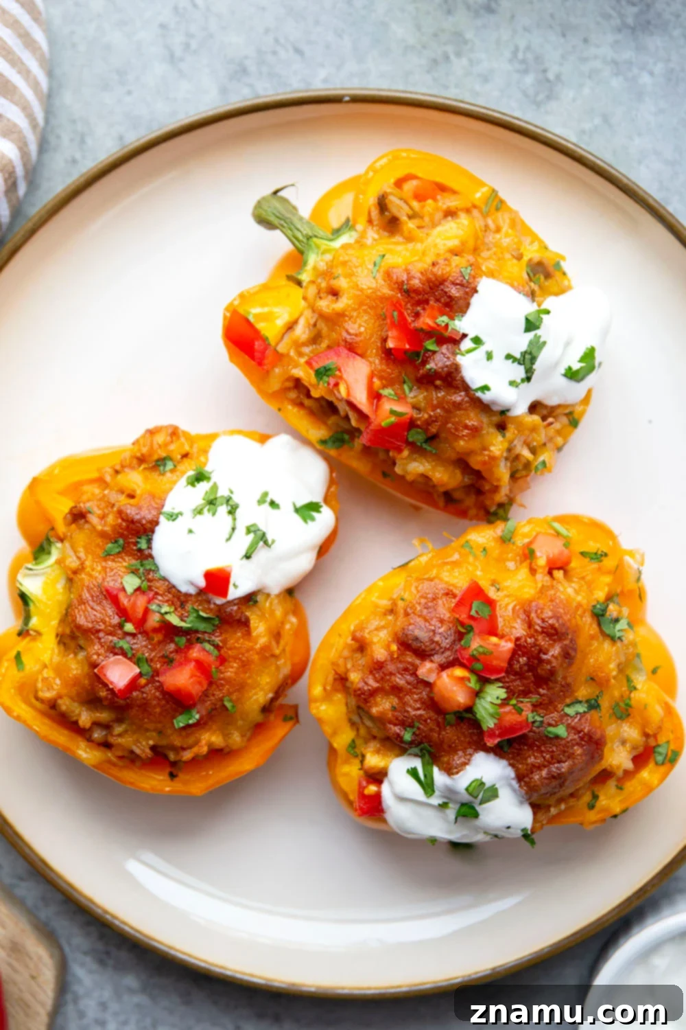 Enchilada Chicken Pepper Boats 6 Two fully loaded chicken enchilada stuffed peppers, garnished with fresh cilantro and sour cream.