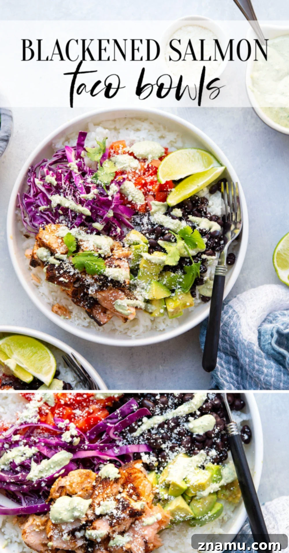 Fiesta Salmon Taco Bowls 7 These salmon taco bowls feature everything you love about a fish taco in rice bowl form! Loaded with lots of spicy blackened salmon, hearty rice, a creamy tahini cilantro sauce, and all your favorite toppings.