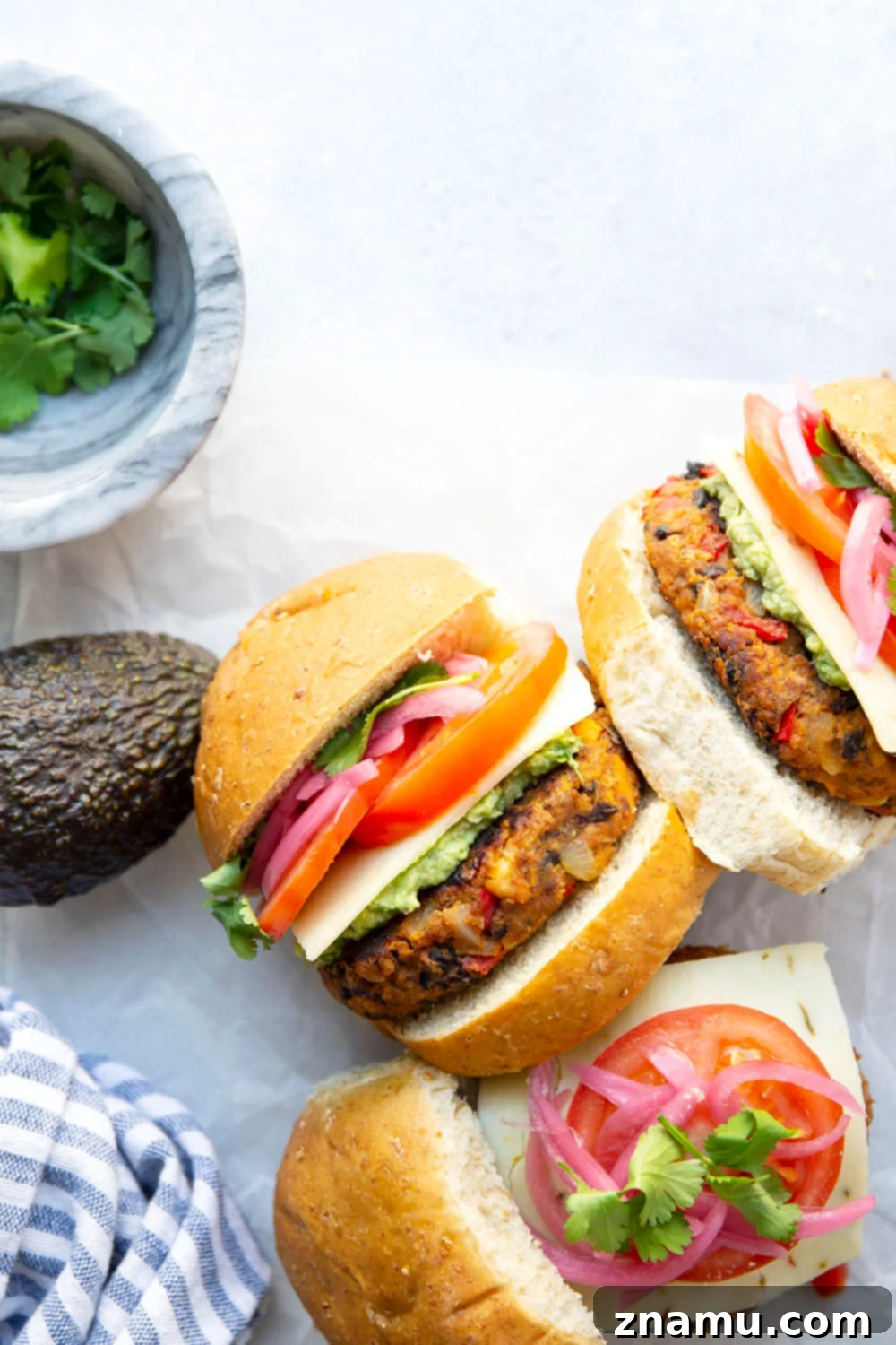 Zesty Southwest Sweet Potato Black Bean Burgers 4 Perfectly hearty and loaded with southwest-style spices and creamy avocado, these sweet potato black bean burgers are so easy to make and amazing stuffed between a bun with all your favorite burger toppings.