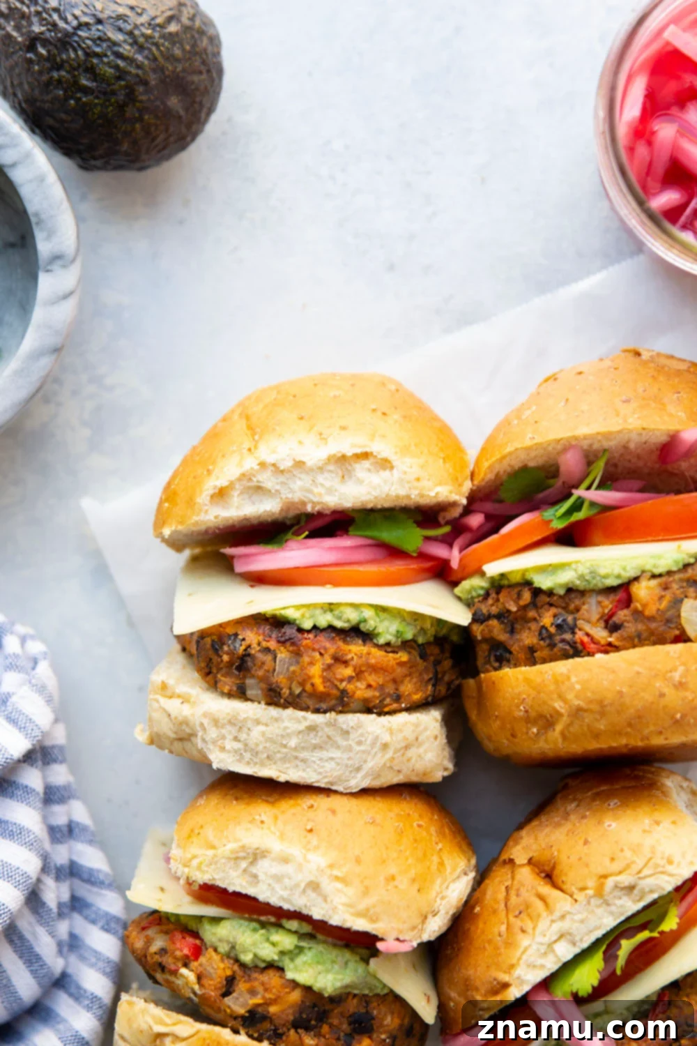 Zesty Southwest Sweet Potato Black Bean Burgers 5 Perfectly hearty and loaded with southwest-style spices and creamy avocado, these sweet potato black bean burgers are so easy to make and amazing stuffed between a bun with all your favorite burger toppings.