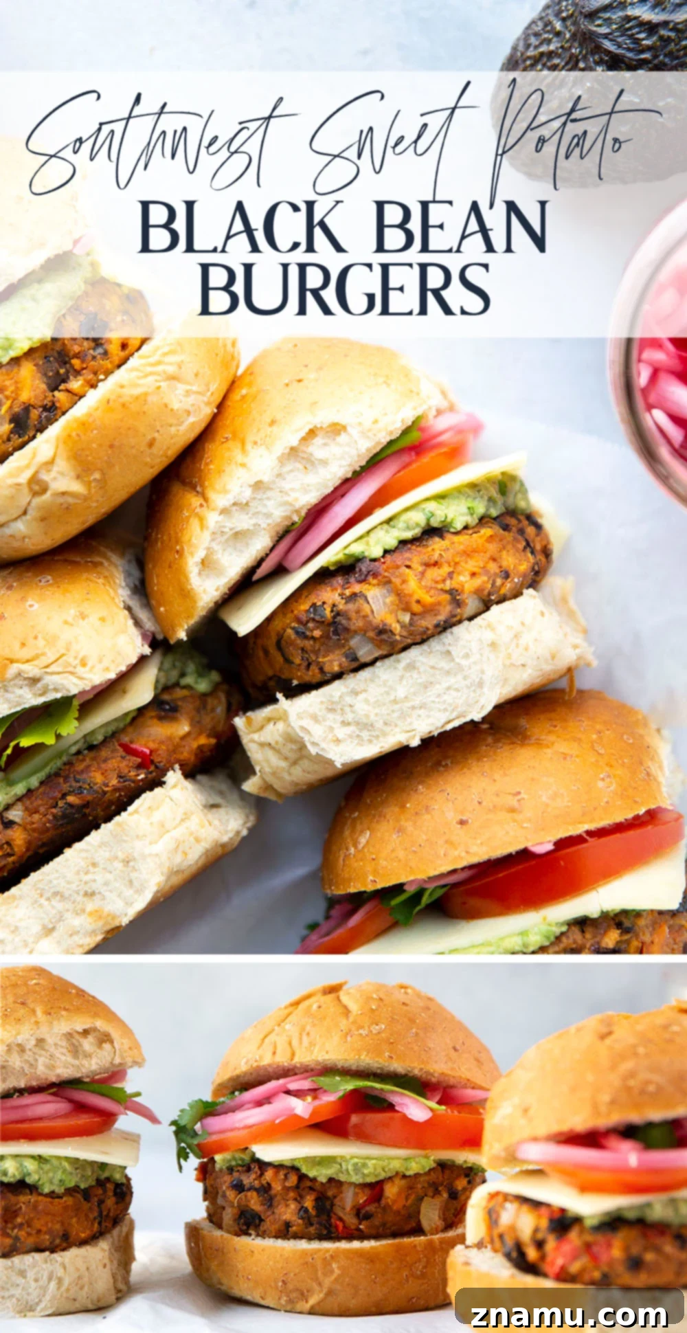 Zesty Southwest Sweet Potato Black Bean Burgers 7 Perfectly hearty and loaded with southwest-style spices and creamy avocado, these sweet potato black bean burgers are so easy to make and amazing stuffed between a bun with all your favorite burger toppings.