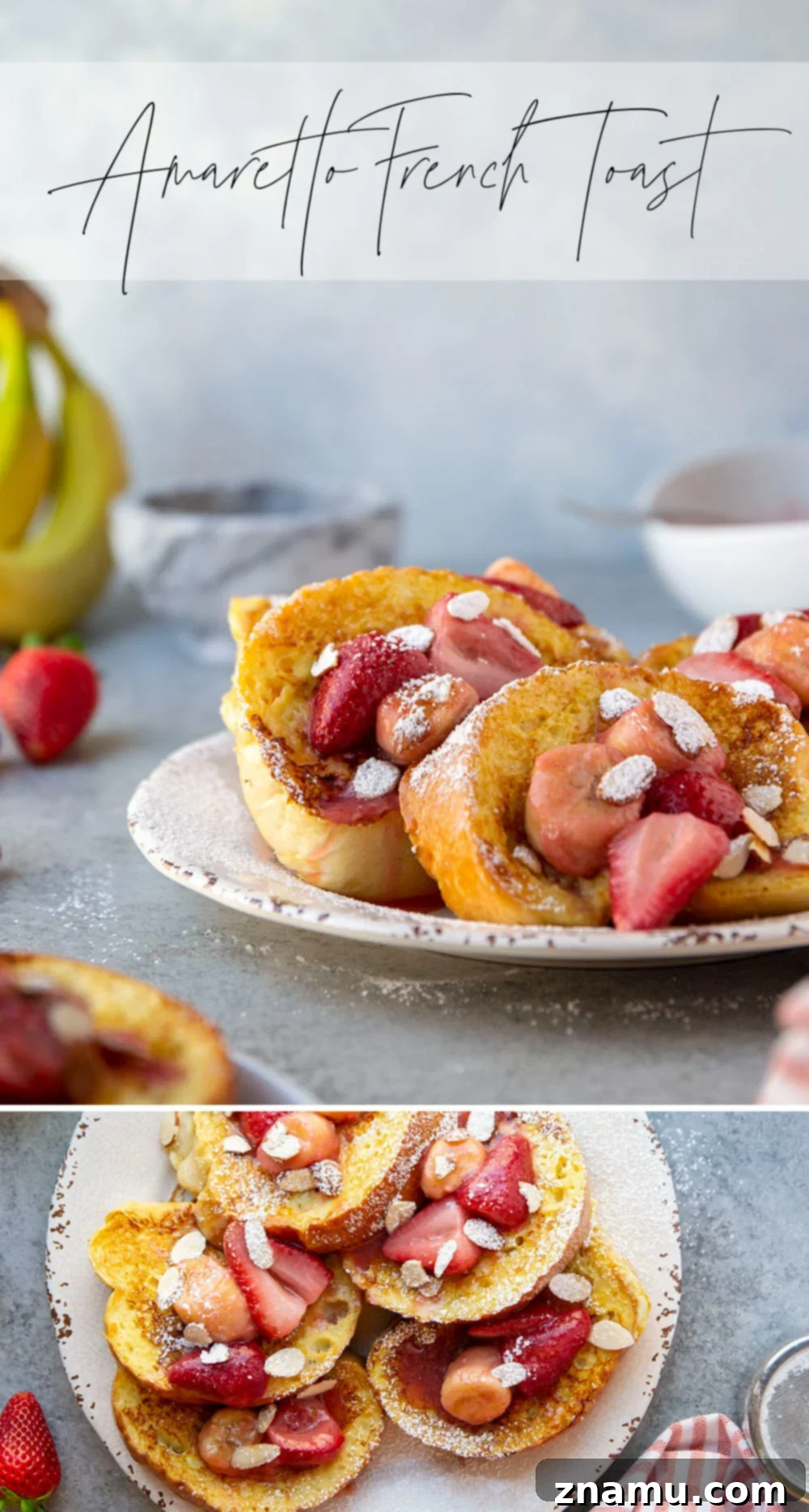 Amaretto French Toast: Caramelized Strawberry Banana Delight 7 Artfully arranged Amaretto French Toast with berry and banana sauce, powdered sugar, and toasted almonds.