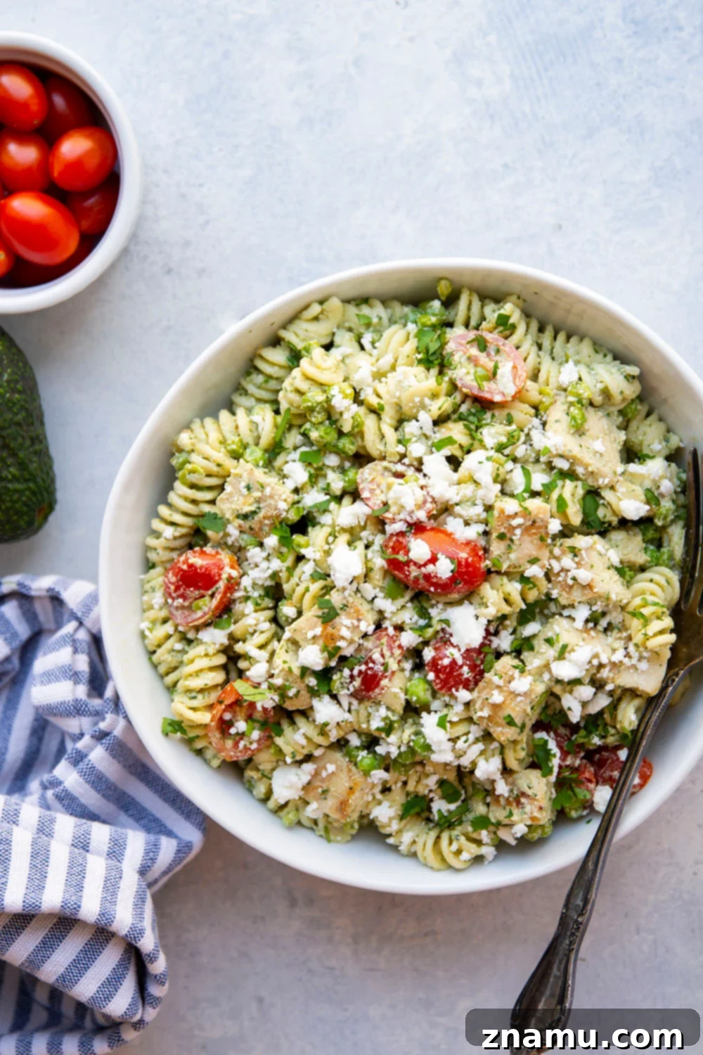 Green Goddess Pasta Salad: Feta & Grilled Chicken 2 Close-up of a refreshing green goddess pasta salad with grilled chicken and feta, perfect for summer picnics.