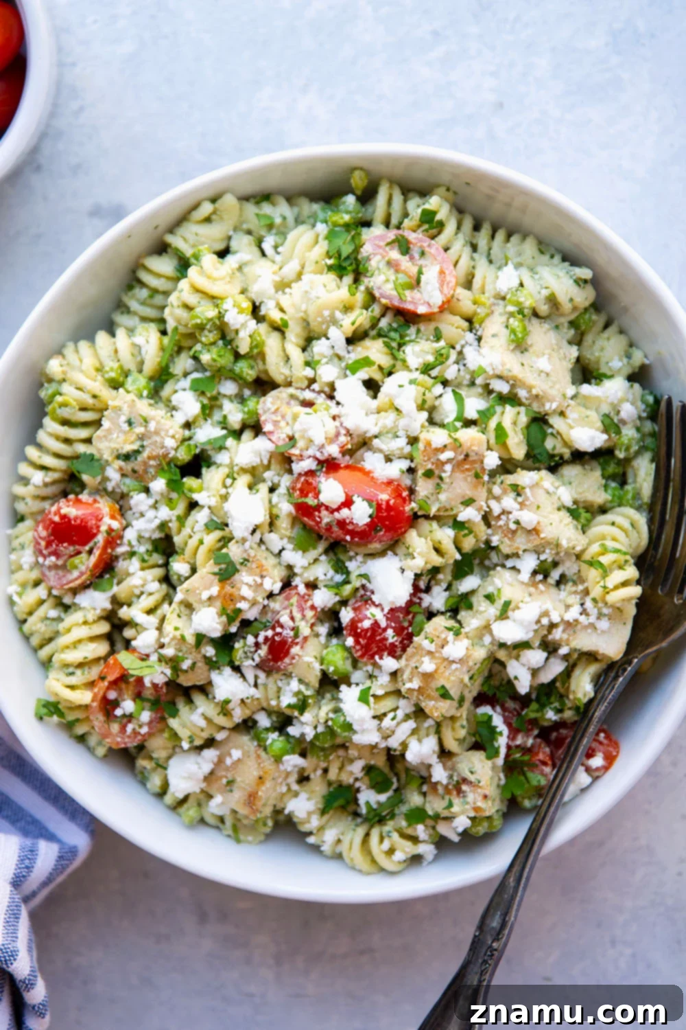 Green Goddess Pasta Salad: Feta & Grilled Chicken 5 Ingredients for homemade green goddess dressing including fresh herbs, yogurt, and avocado.