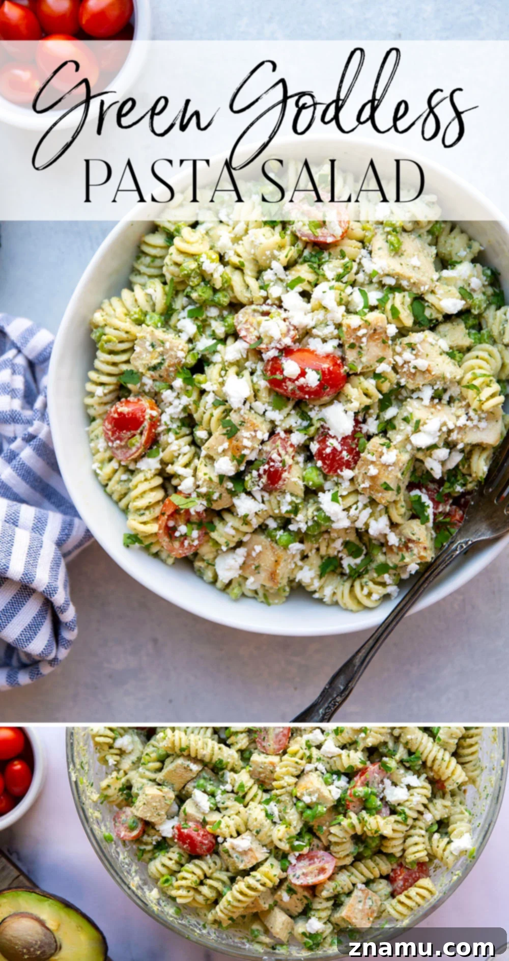Green Goddess Pasta Salad: Feta & Grilled Chicken 7 Beautifully presented Green Goddess Pasta Salad with Grilled Chicken, garnished with fresh herbs.