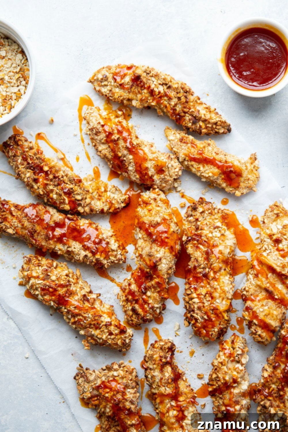 Air Fryer Crispy Pretzel Chicken with Hot Honey Glaze 5 Crispy pretzel crusted chicken tenders piled high on a white plate, ready for sauce.