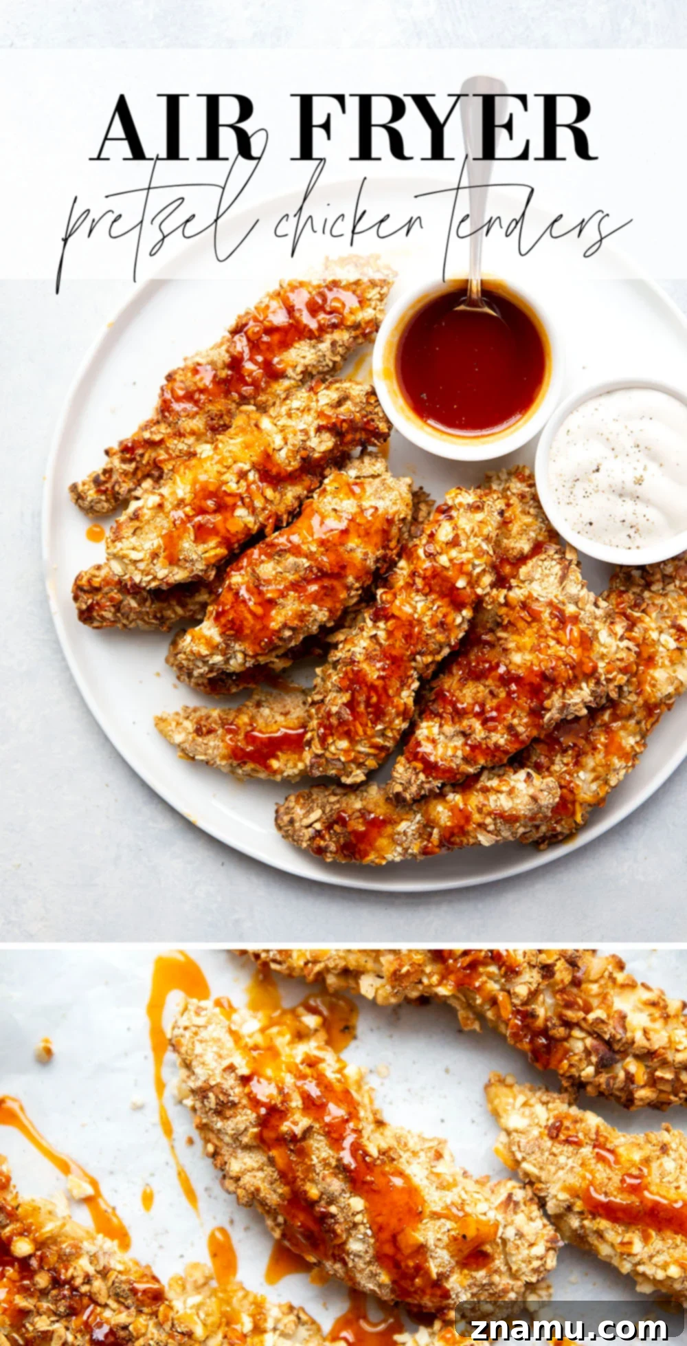 Air Fryer Crispy Pretzel Chicken with Hot Honey Glaze 7 A vibrant overhead shot of air fryer pretzel crusted chicken tenders with hot honey glaze and fresh parsley, ready to be served.