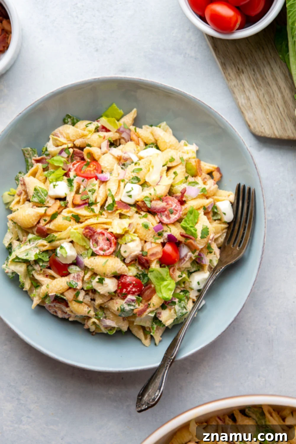 This BLT pasta salad features all the things you love about the classic sandwich in pasta salad form with a spicy chipotle buttermilk ranch dressing!
