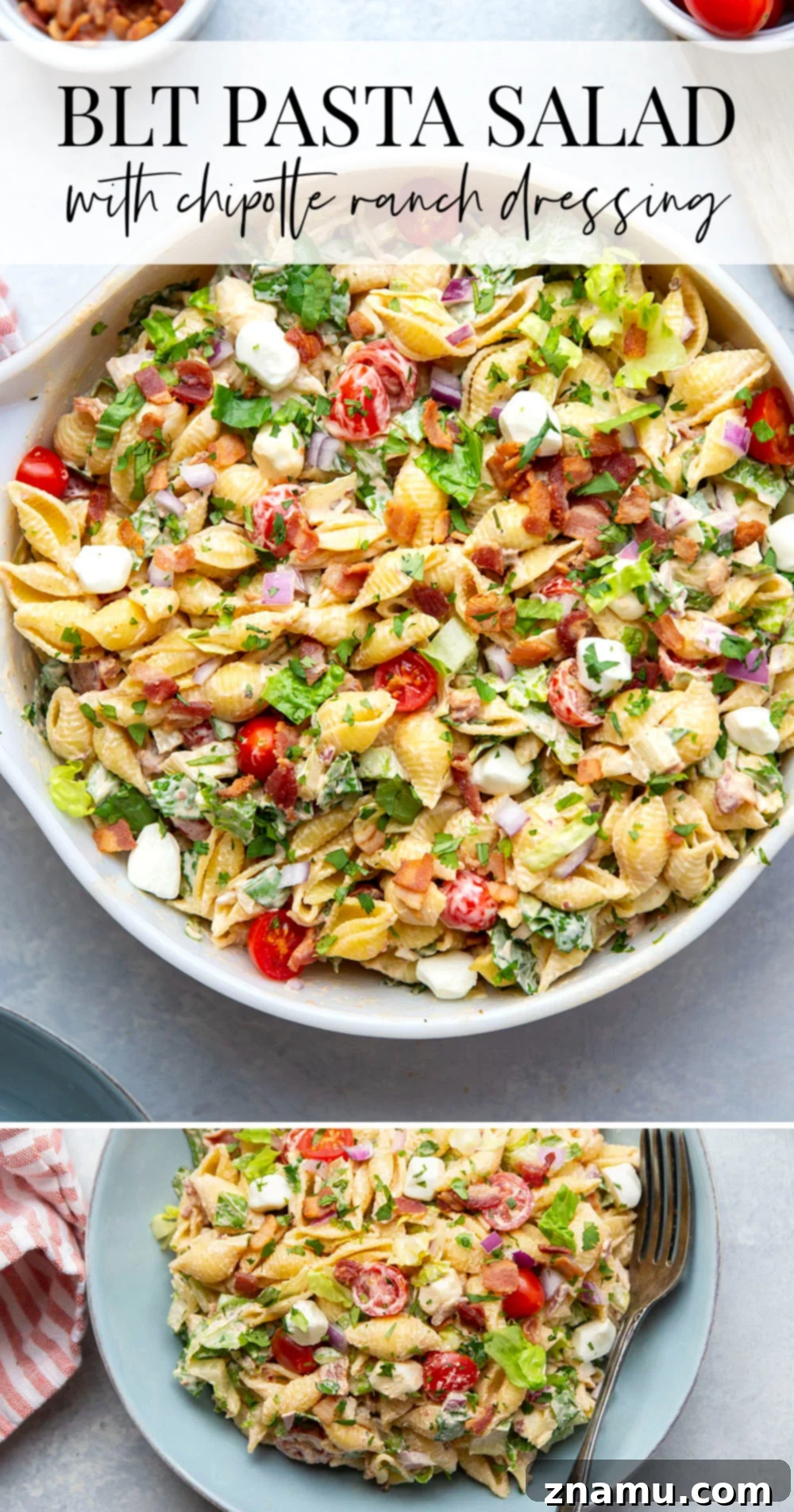 This BLT pasta salad features all the things you love about the classic sandwich in pasta salad form with a spicy chipotle buttermilk ranch dressing!