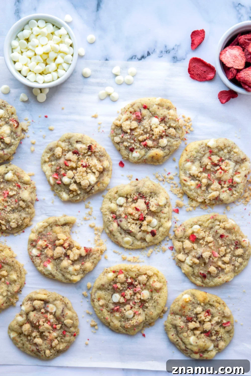 Strawberry White Chocolate Crumble Cookies 5 A bowl of freeze-dried strawberries, ready to be added to the cookie dough.