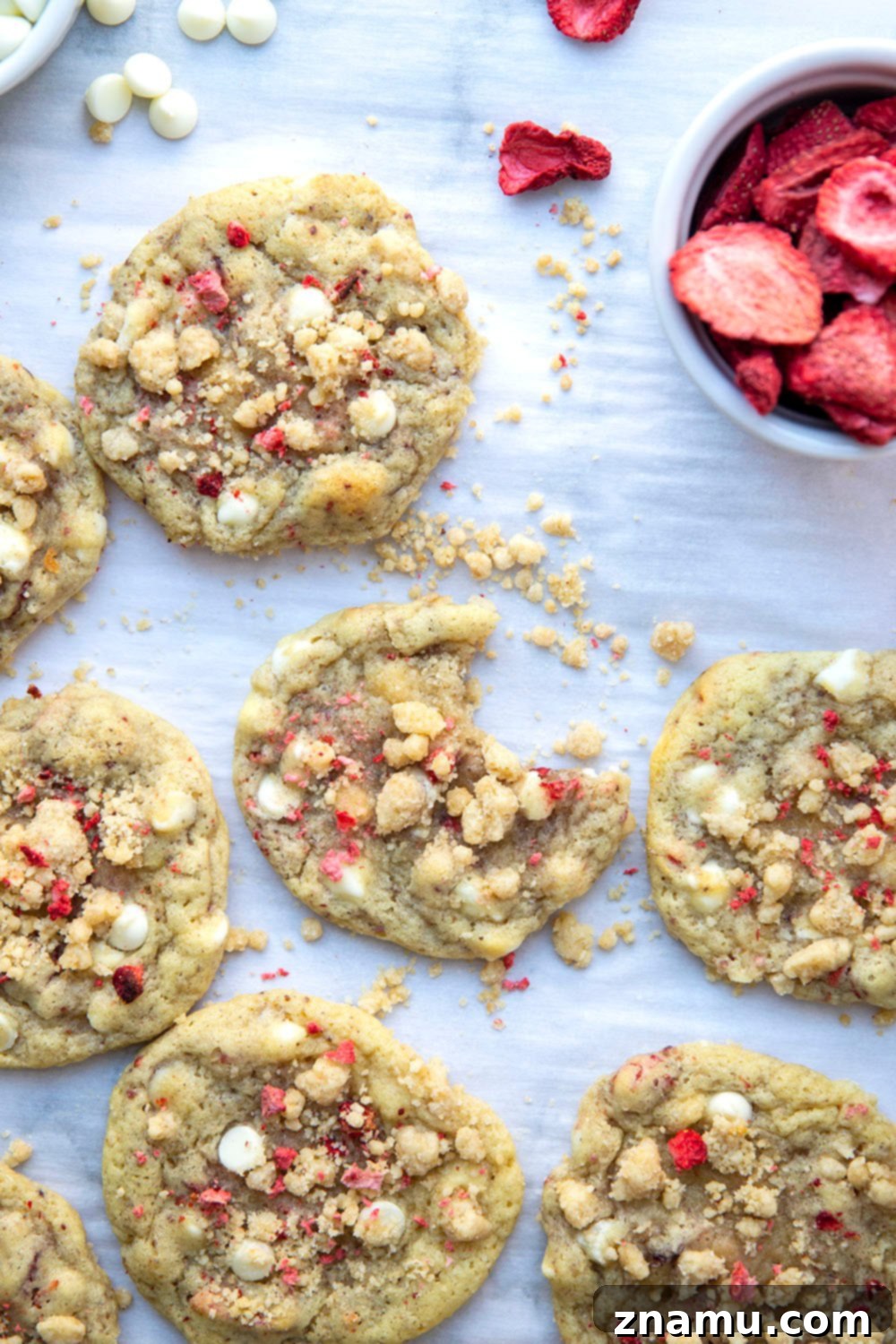 Strawberry White Chocolate Crumble Cookies 6 Close-up of a single streusel strawberry white chocolate cookie on a white plate.
