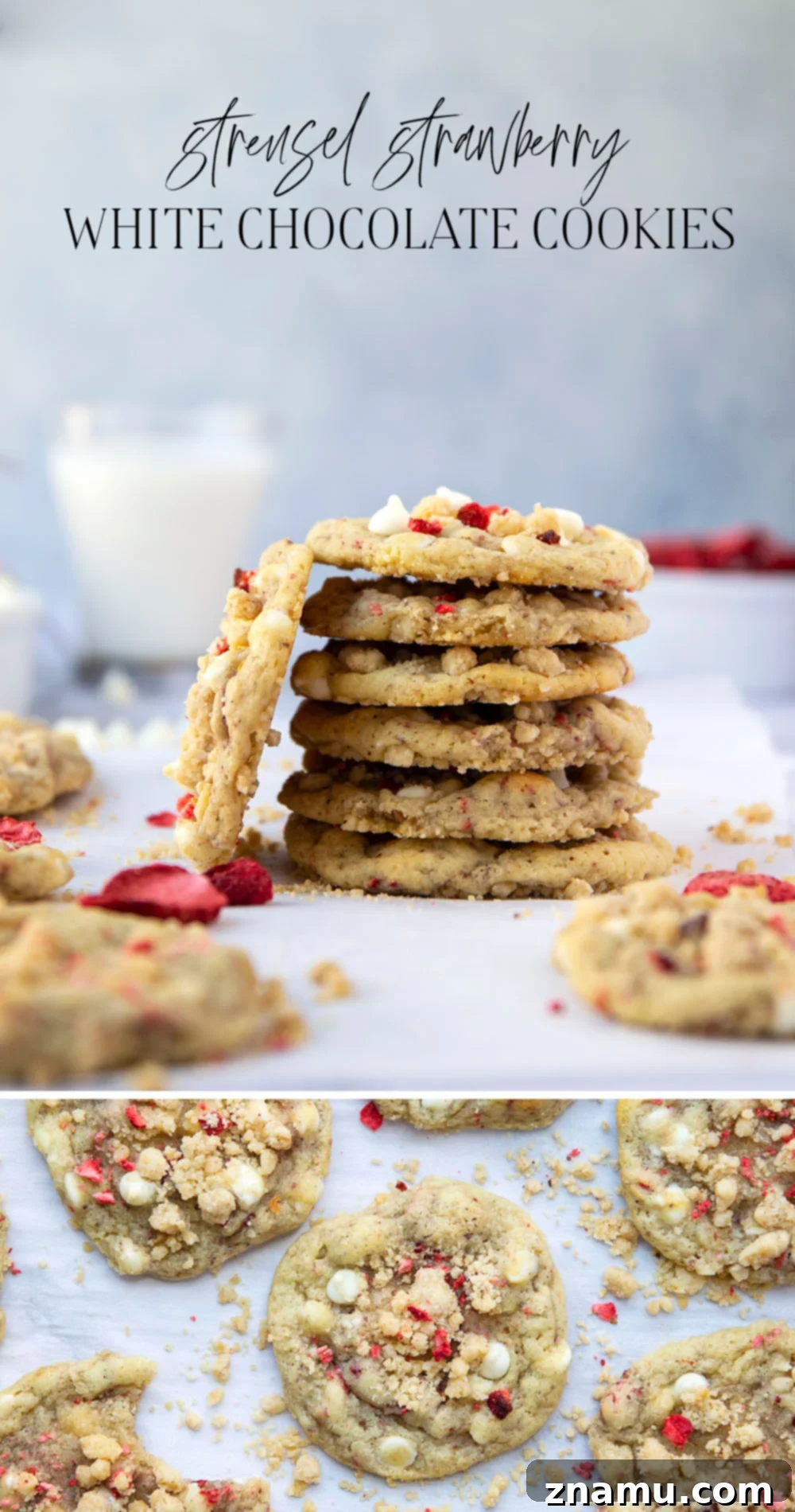 Strawberry White Chocolate Crumble Cookies 7 A stack of strawberry white chocolate streusel cookies on a white plate, with a bite taken out of the top cookie.