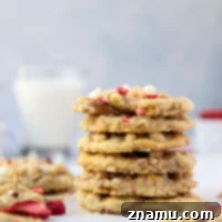 These strawberry white chocolate cookies feature a soft cookie base with gooey white chocolate, sweet strawberries, and lots of streusel baked on top.