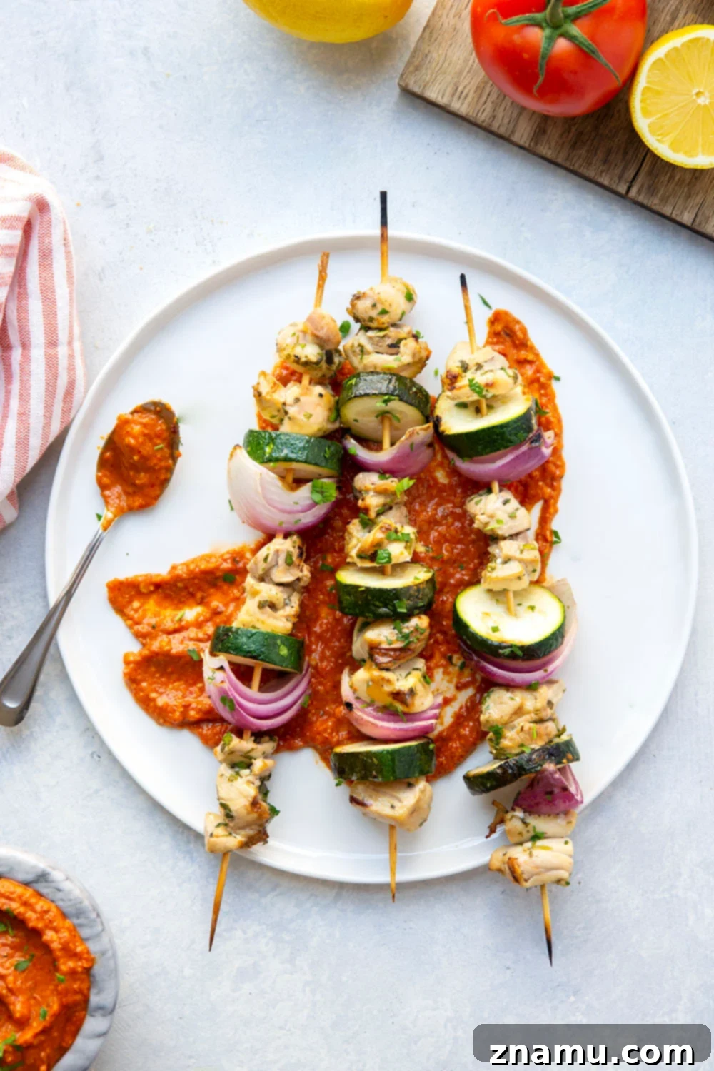 Sun-Kissed Chicken Skewers with Smoky Romesco 5 Bowl of vibrant homemade Romesco Sauce, perfect for dipping